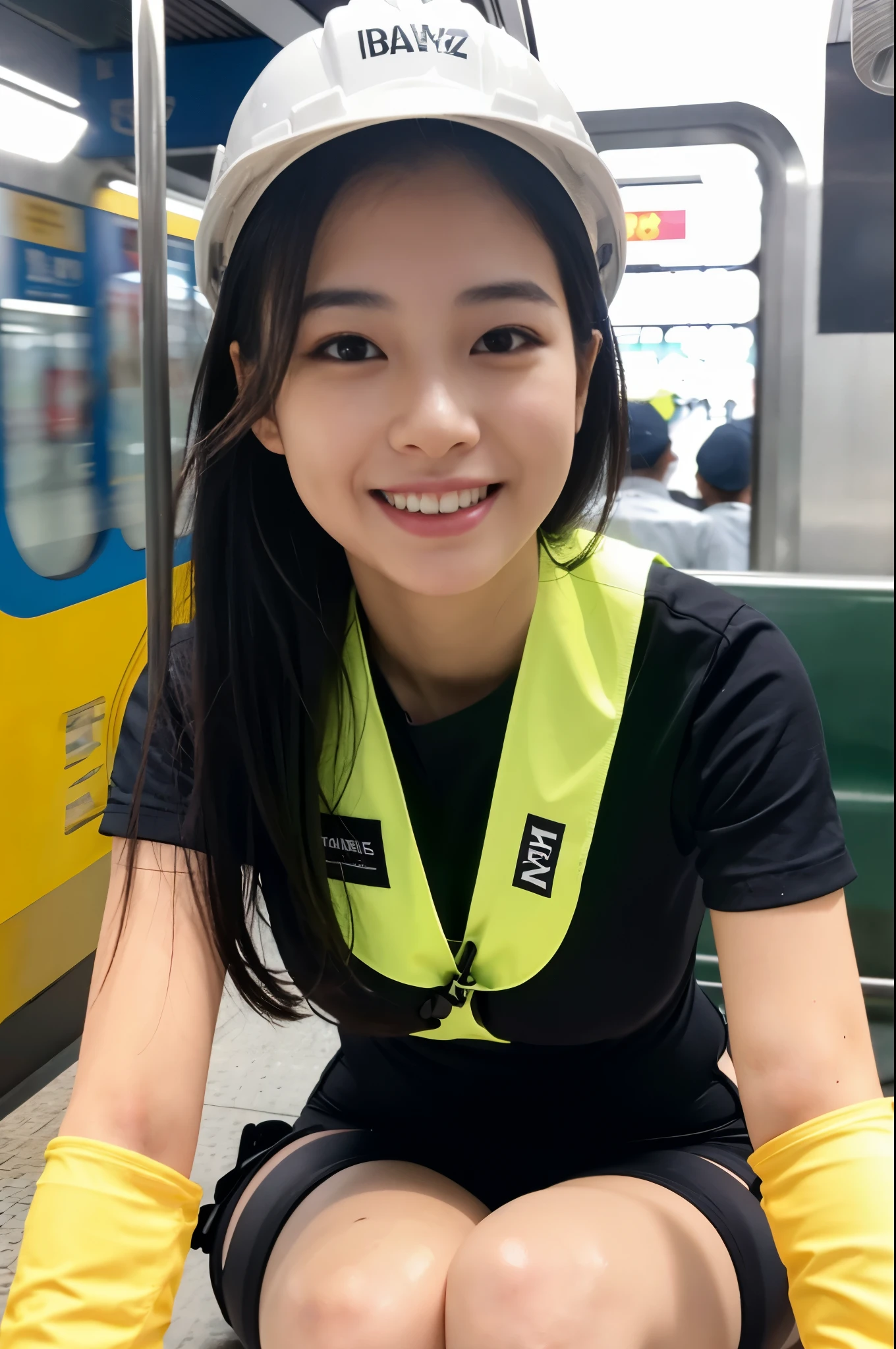 (((subway track maintenance worker costume))),(((reflective vest))),(((hard hat))),(((rubber boots))),(((sit and knees up))),(((double-breasted,underbust:1.2))),ulzzang-6500-v1.1, (Raw photo:1.2), (Photo realistic:1.4), a beautiful detailed girl, extremely detailed eye and face, beautiful detailed eyes, ultra-detailed, High resolution, top-quality, masterpiece, highly detailed, 8k wallpaper, Wonderful, finely detail, top-quality, Light on the face,电影灯光,1girl in,(),Beautiful eyes,smile,Opening Mouth