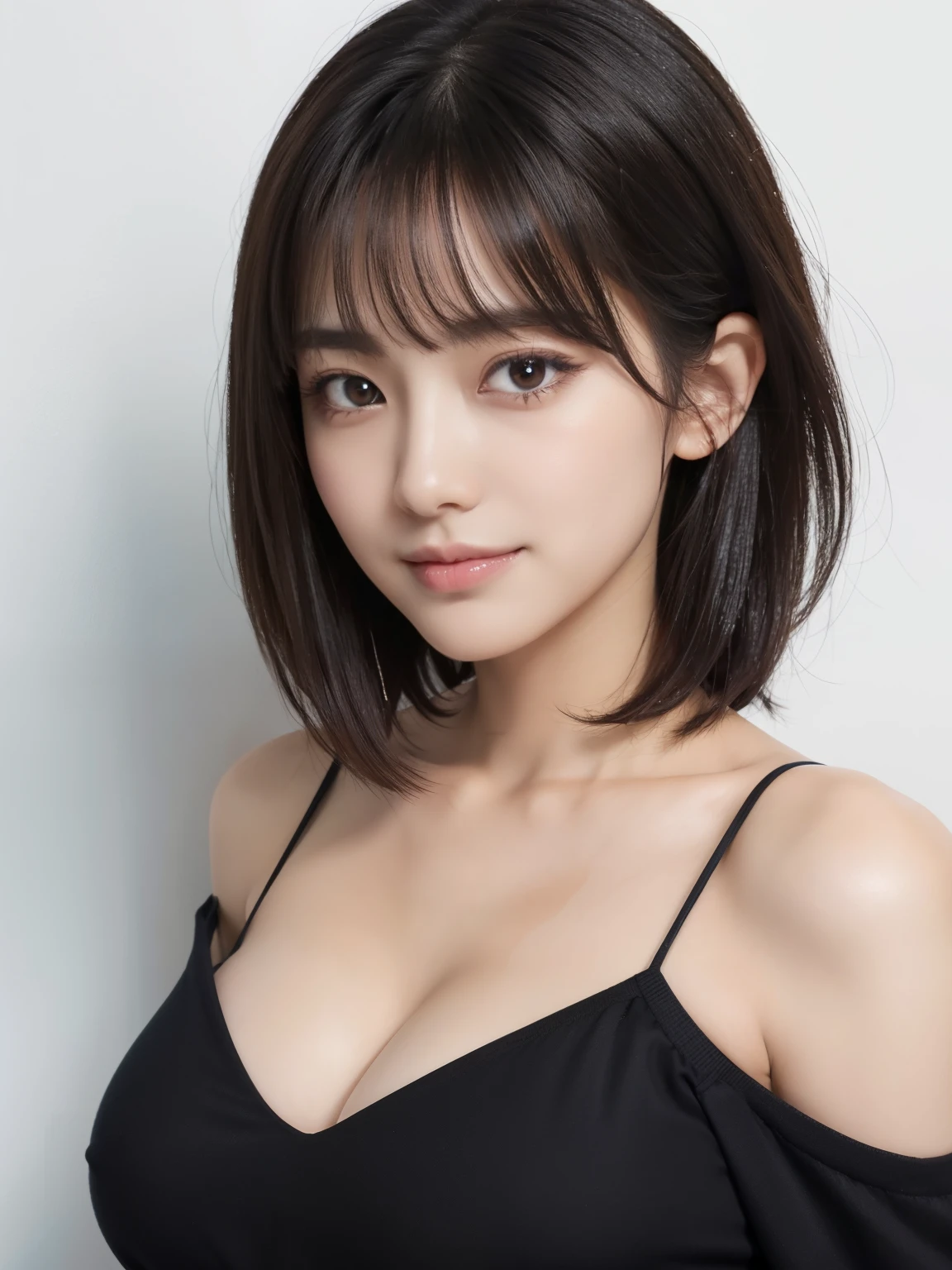 Fit Body, Masterpiece, Best Quality, Girl, Symmetrical Face, Detailed Décolleté View, Tote Shirt, Orchan, (PureErosface_V 1:0.7), Wet Skin, Blush (Best Quality, 8k, 32k, Masterpiece, UHD:1. 2), Cute Japan Woman, One Girl, (slender woman), (abs), (lips), closed mouth, (medium hair), double eyelids, wet skin, only one very beautiful woman, very sexy body, gaze looking directly at the camera, golden ratio face, golden ratio body, big breasts looking directly at the camera, not part-time sexy expression, chest between arms to create cleavage, breasts close together, flirtatious smile, very happy smile, shiny skin, big eyes, highlights in the pupils, distinct double eyelids, eyelashes, long neck, beautiful short hair, shiny dark black hair, bangs, pure white background, empty background, crystal clear white off-shoulder, clothes that seem to be visible but are not, overwhelming charm