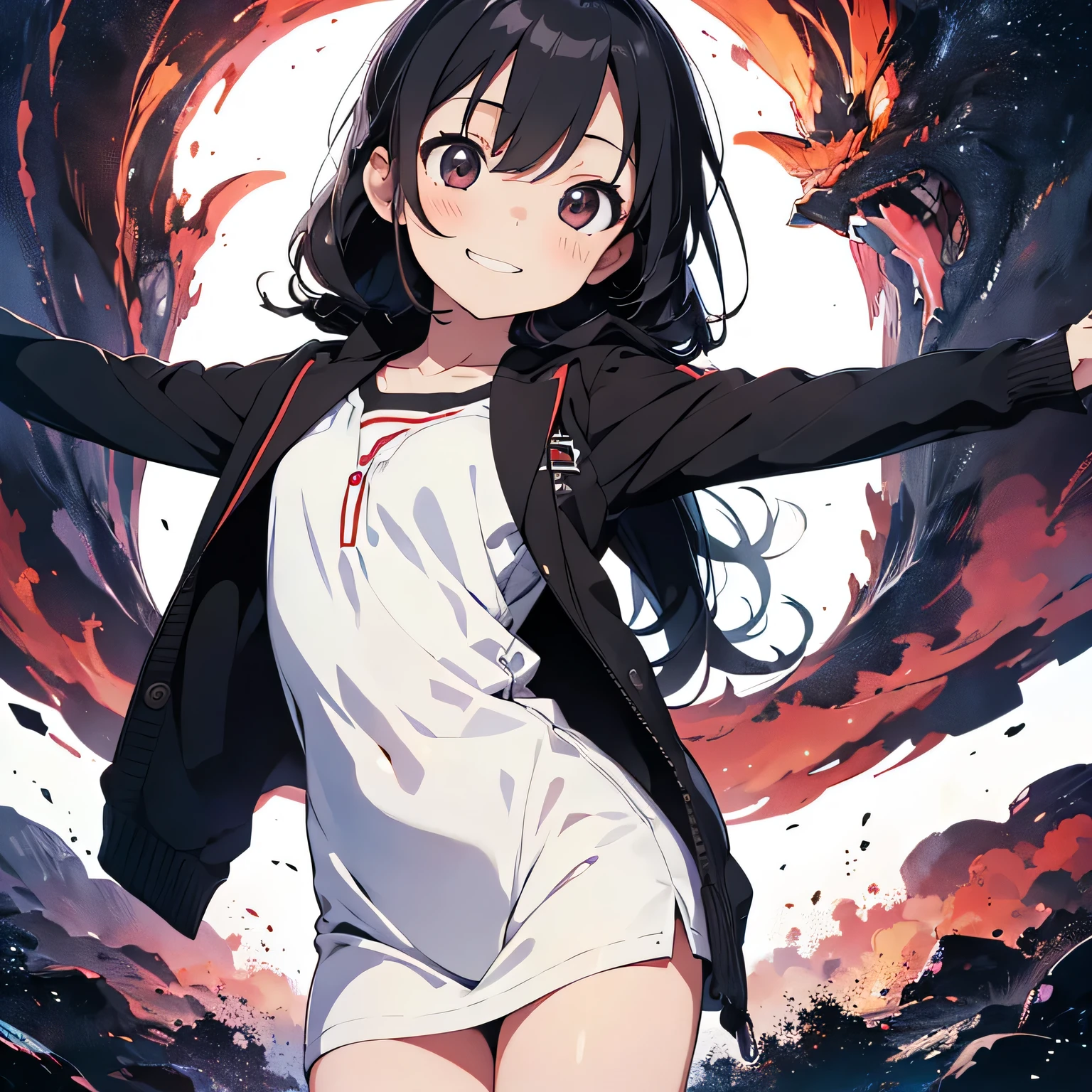 masterpiece, highest quality, High resolution, disorganized, grin, Are standing, looking at the viewer, Front view, white skin, Little, Underweight, suit, young adult, Japanese, white background, 2D anime, Little anime, Little, Pale watercolor, line drawing, full body shot, From before, woman, tie long hair back, black hair, black eye, open your eyes, Central part