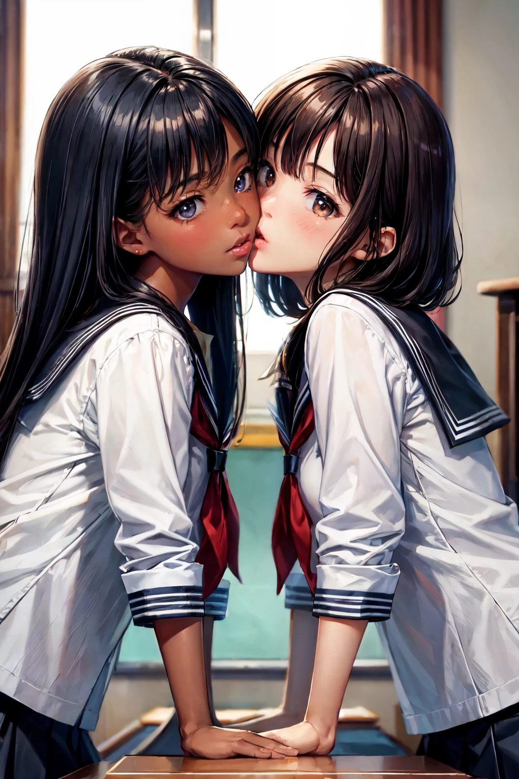 highest quality、cinematic lighting、school classroom、brown skin、black skin、Two girls in sailor suits、kissing girls、(Photo 1 seen from below:1)、evening、