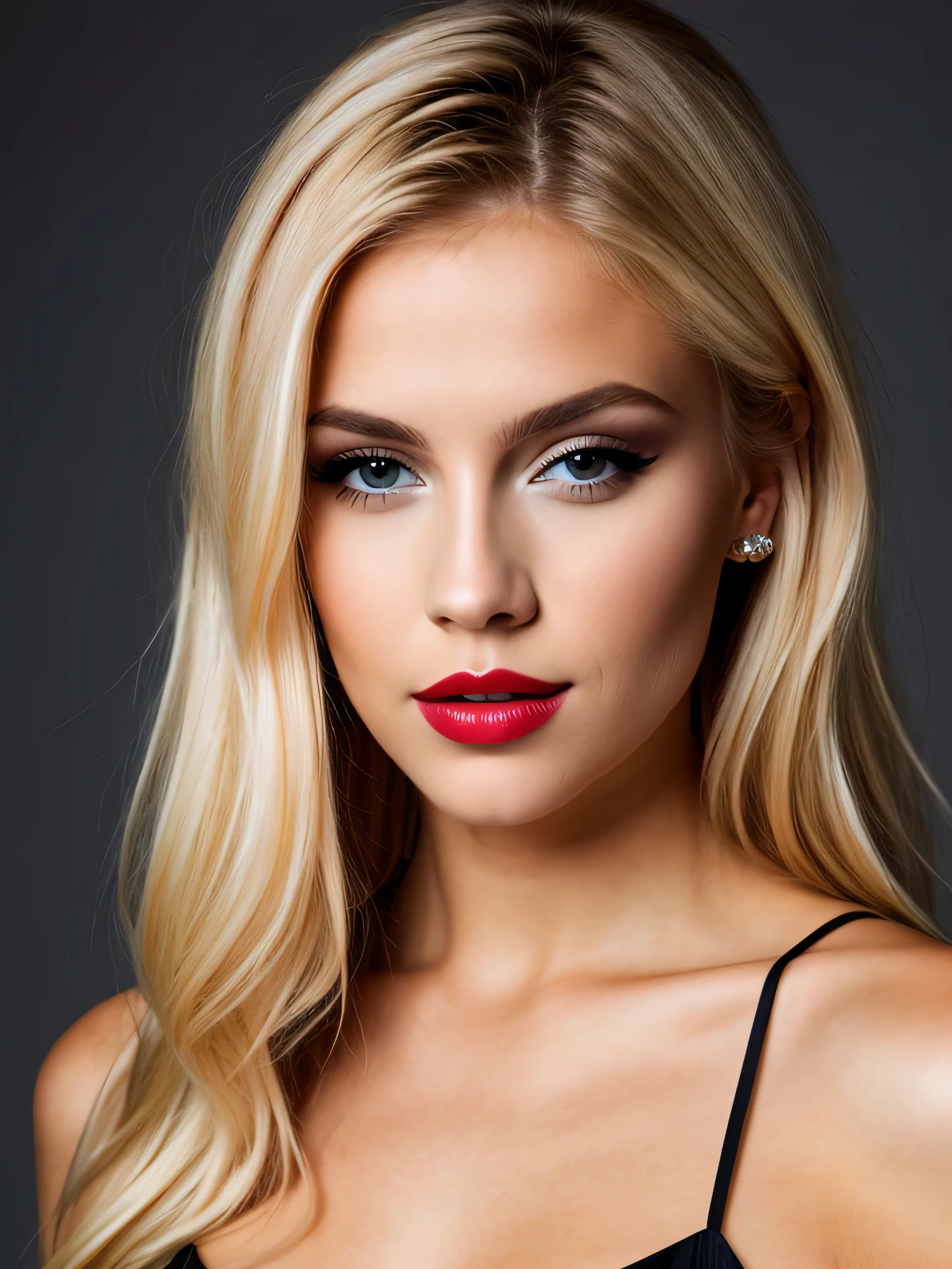 une femme blonde de 23 ans maquillée, encadré des genoux à la tête, Photoréalisme, Haute qualité, studio mode photo on very dark background, mode, cheveux blonds avec des racines châtain clair, cheveux blond, Cheveux avec des racines brunes, Yeux bleus, Belle femme, vue de face, Haute qualité, coupe de cheveux, robe de soirée très chic, maquillage, rouge à lèvres