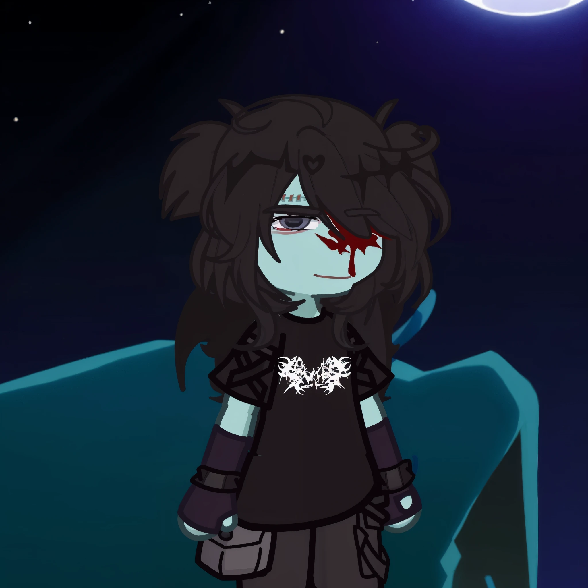 cartoon image of a girl with a bloody face, standing in front of the full moon, gothic shopping center, in a dark space mercenary suit, gloomy style, Gloomy apocalyptic style, Holy Cyborg Necromancer Girl, Daring - killer, Talk to Yandere grimdark, dressed in crustpunk clothes, goth girl, pale young ghost girl