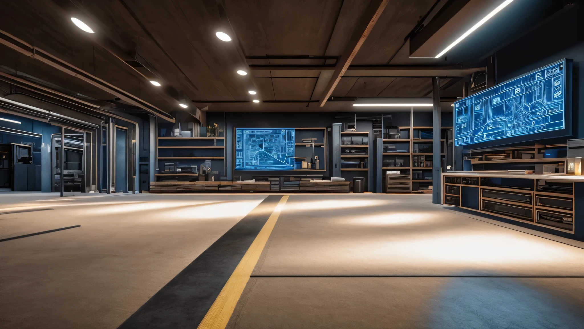 there is a room with a display of horizontal heist blueprint on the wall, warehouse, a digital rendering inspired by Dennis Miller Bunker, frontal view, cg society contest winner, cyberpunk lighting, dark room, metal shelf, prep for heist