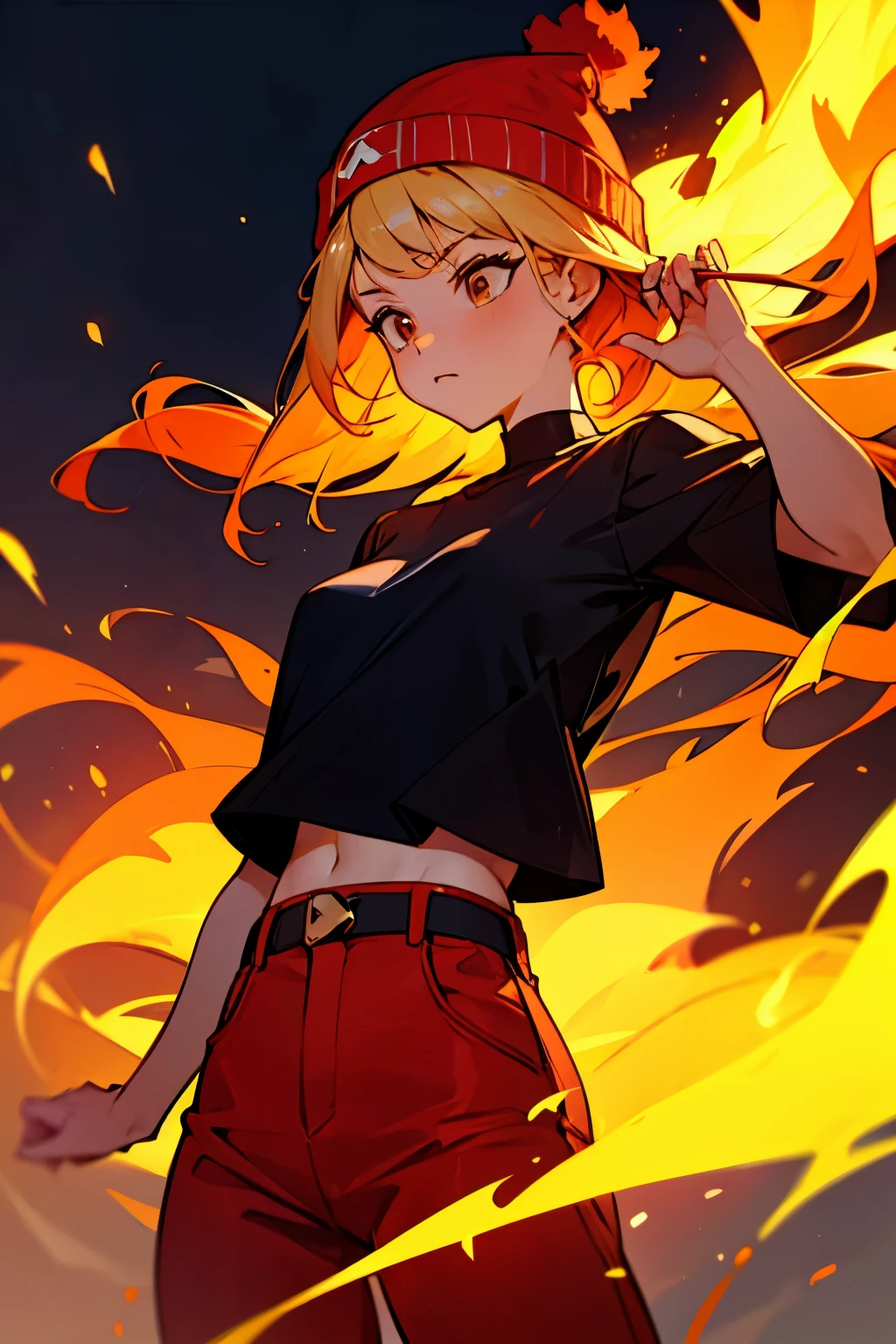 fire hair, red pants, black shirt, orange beanie, fire background,
