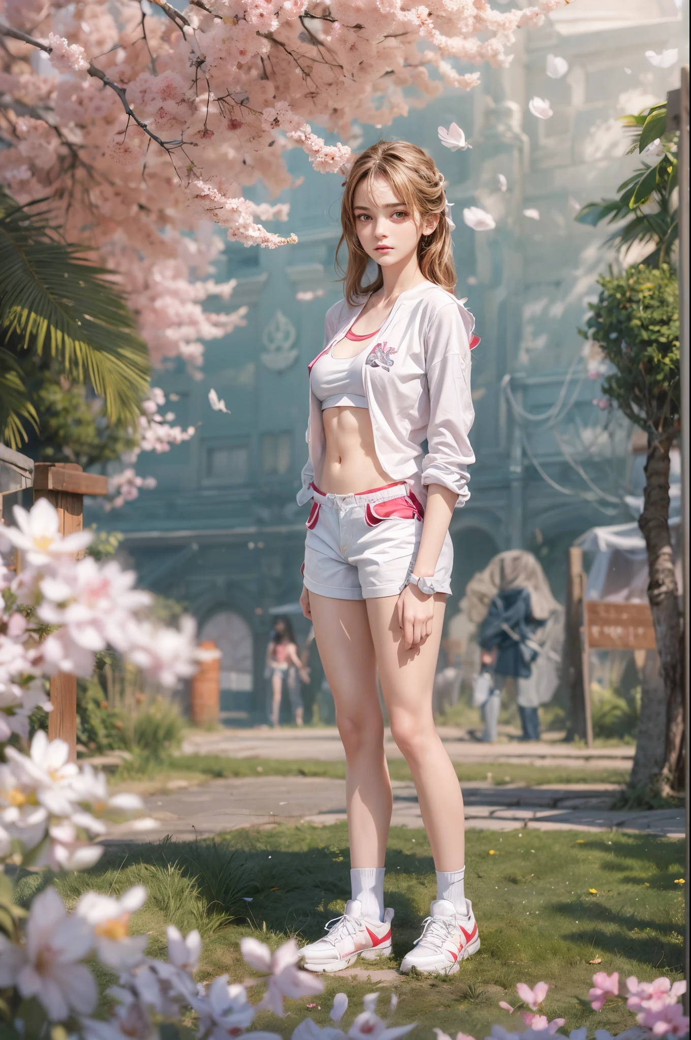 masterpiece, best quality, high quality, High definition, High quality texture, High quality shadow, high detail, beautiful detailed, finely detailed, extremely detailed cg, detailed texture, a realistic representation of the face, realistic, colorful, delicate, sharp focus, (intricate details, makeup, PureErosFace_V1:0.5), (detailed beautiful delicate face, detailed beautiful delicate eyes, a face of perfect proportion, high detailed skin, detailed skin, best ratio four finger and one thumb, skiny and thin:1.3), 1girl, 17 years old, tall, (smooth_abs:1.55), (abs:0.5), pretty, masterpiece, highres, (long_skinny_legs), (straight_legs), (skinny_waist), (((fair skin))), white skin, (((pale skin))), pink sports Bandeau, (school_uniform:swim_suits:0.5), white shorts, standing legs apart, looking at viewer, pink sports shoes, glasses, (Emma_watson), big_breast, (((Caucasian))), Light blonde hair, pink and white, sakura leaves