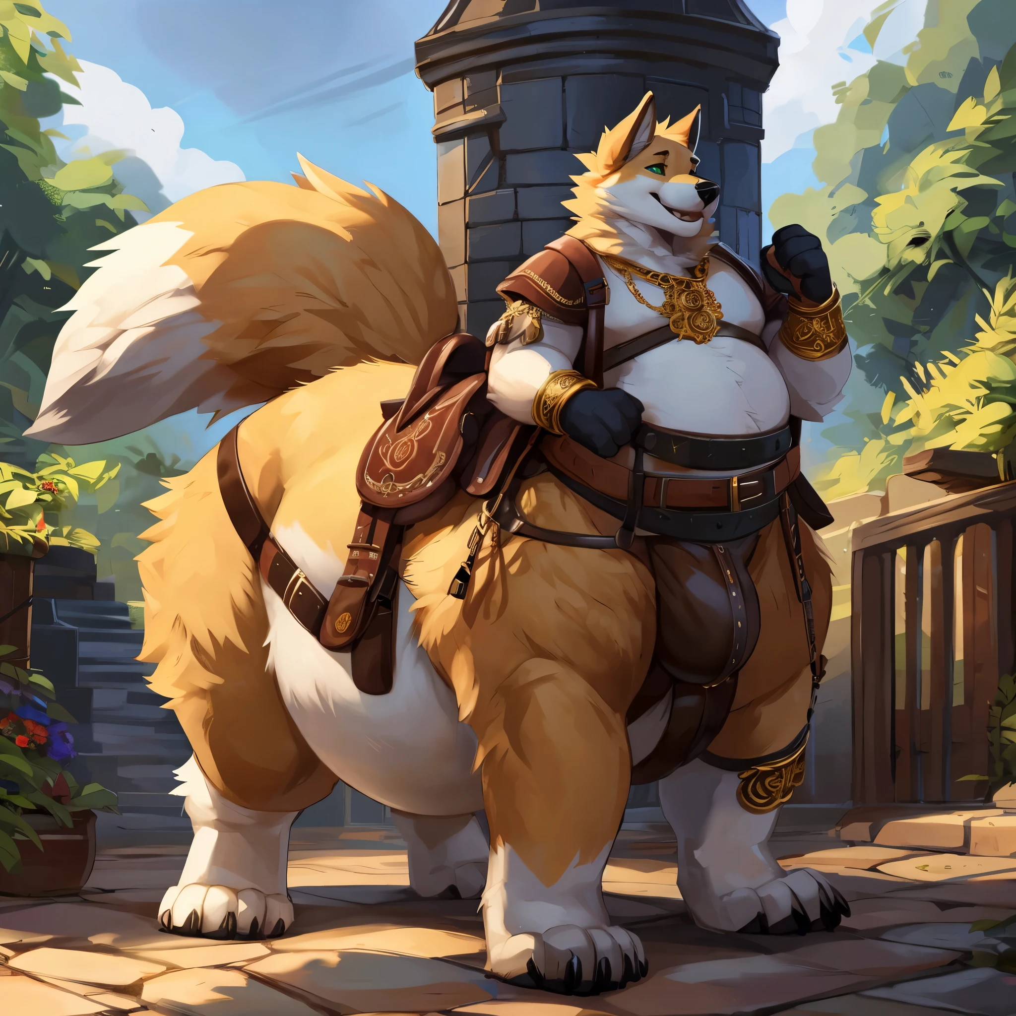 4k ultra quality, 4k full body view,ultra high detailed body,singo person,foxtaur, detailed body, (ultra detailed belly), white belly fur,big belly, ((round taur belly)), enormous taur belly, enormous taur body, bulge,by mystikfox61, by glitter trap boy, by bebebebebe,by morethreedee, by seibear,(thick thigh),(chubby thigh),thicc thigh,thick legs,chubby legs,thicc legs,massive butt,enomorous thigh,massive thigh,massive legs,(detailed thigh),(wide thigh),thick butt,fluffy belly,furry belly,sharp nails,((sfw)),(ultra detailed face),ultra detailed eyes,cute face,green eyes,(golden fur),mouth open,big tail,fluffy tail,(detailed tail),enomorous tail,front view,bigger tail,huge tail,immobile taur,enomorous thigh,fluffy paws,detailed paws,thick paws,chubby paws,huge paws,big paws,(black paws),bare paws,ornate belts,ornate necklace,golden bracelet,leather belts,multiple belts,ultra big bulge,huge bulge, saddle bags,ornate saddle,saddle packs,big packs,mediaeval town