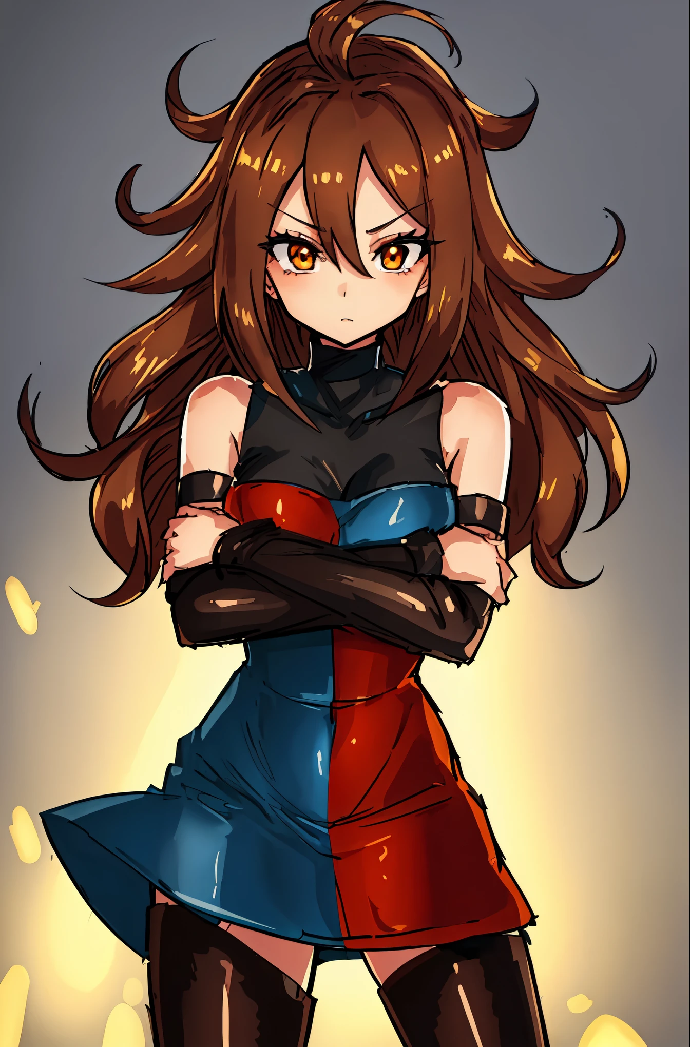 (((Ultra-HD-quality-details, relaxed, ideal-cutesie))) emphasized-details:2, 1girl, solo, anime-character-"Android-21", dangerous-physique, black-houndstooth-dress, brown-hair, golden-eyes, glowing-eyes, arms-crossed, looking-at-viewer