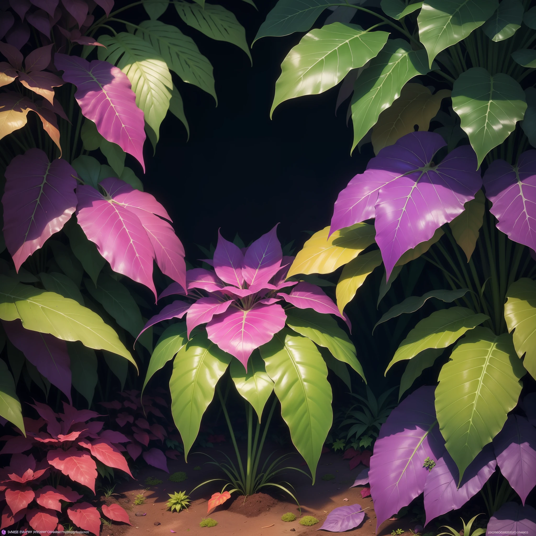 purple leaves with green leaves on them in the ground, purple foliage, purple and green colors, colorful tropical plants, vibrant foliage, blue and purple plants, purple and green, alien colorful greenery, glowing purple, alien foliage plants, dark neon colored rainforest, beautiful lush colors, beautiful plants, extra terrestrial plants, purple colors, some purple, gorgeous colors