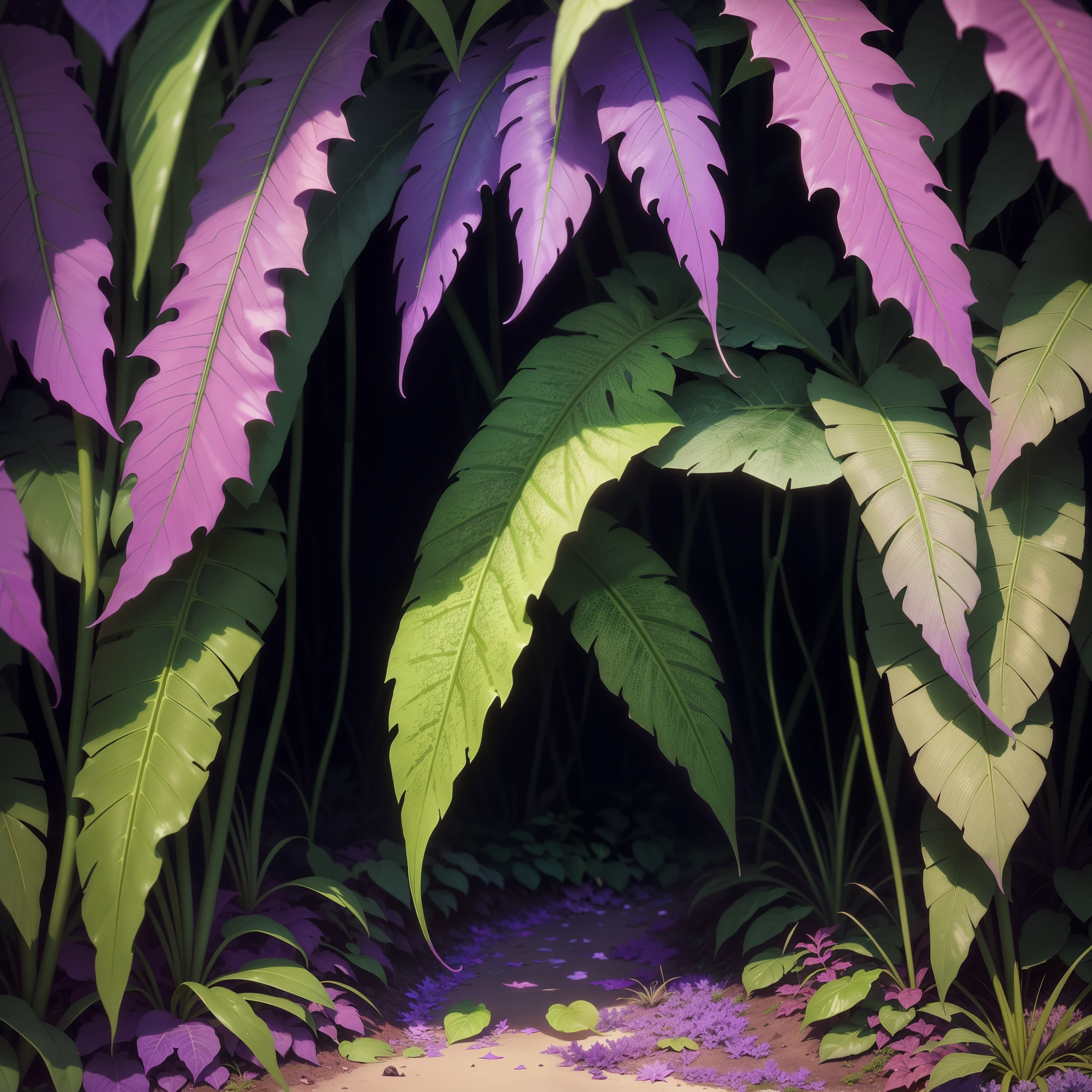 purple leaves with green leaves on them in the ground, a stipple by Daniel Chodowiecki, flickr, fine art, purple foliage, purple and green colors, colorful tropical plants, vibrant foliage, blue and purple plants, purple and green, alien colorful greenery, glowing purple, alien foliage plants, dark neon colored rainforest, beautiful lush colors, beautiful plants