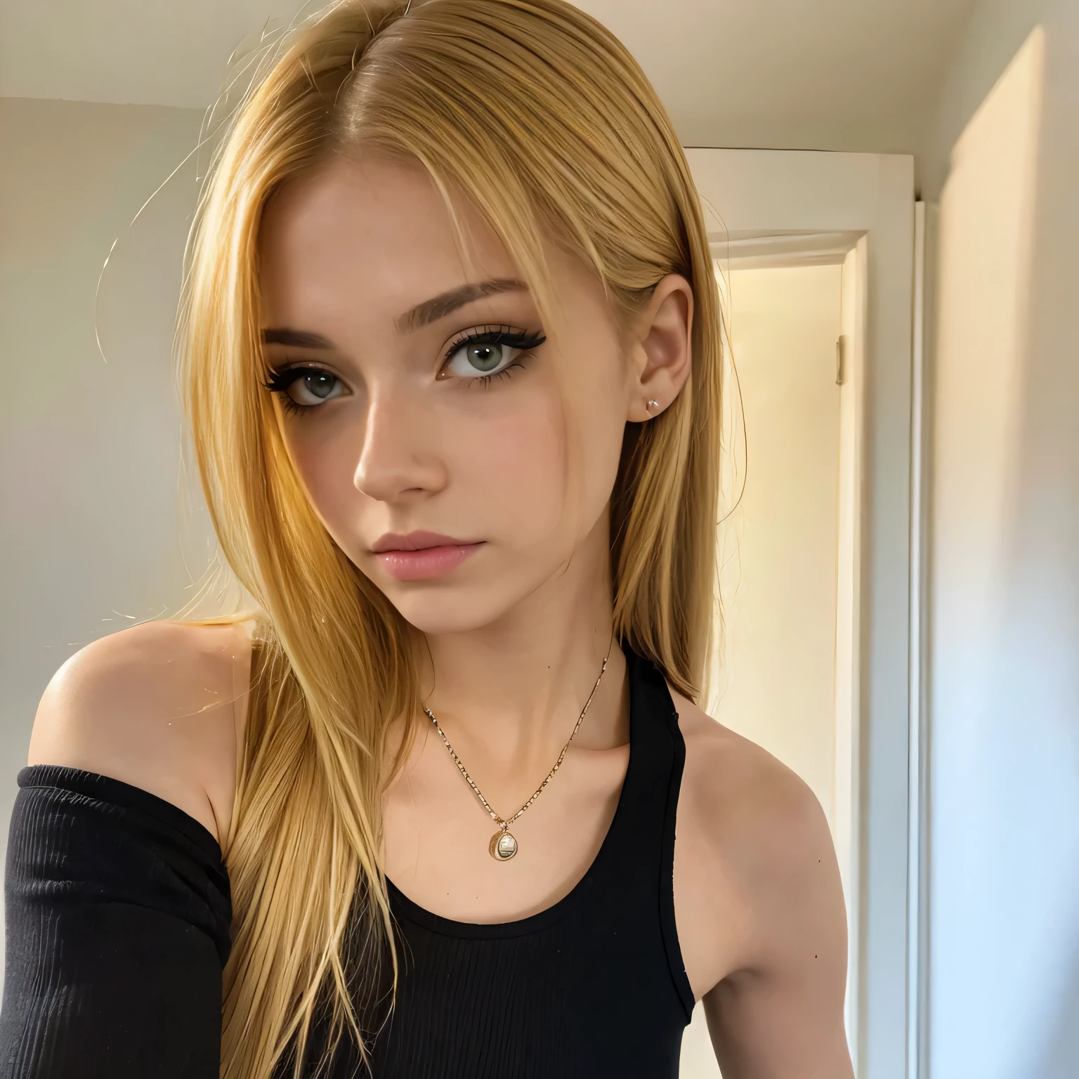 (masterpiece, best quality:1.2), nicole, young woman, blonde hair, hazel eyes, grunge:0.7, gothic:0.7, black crop top, portrait, looking at viewer, simple background, headshot, blank expression, passport photo