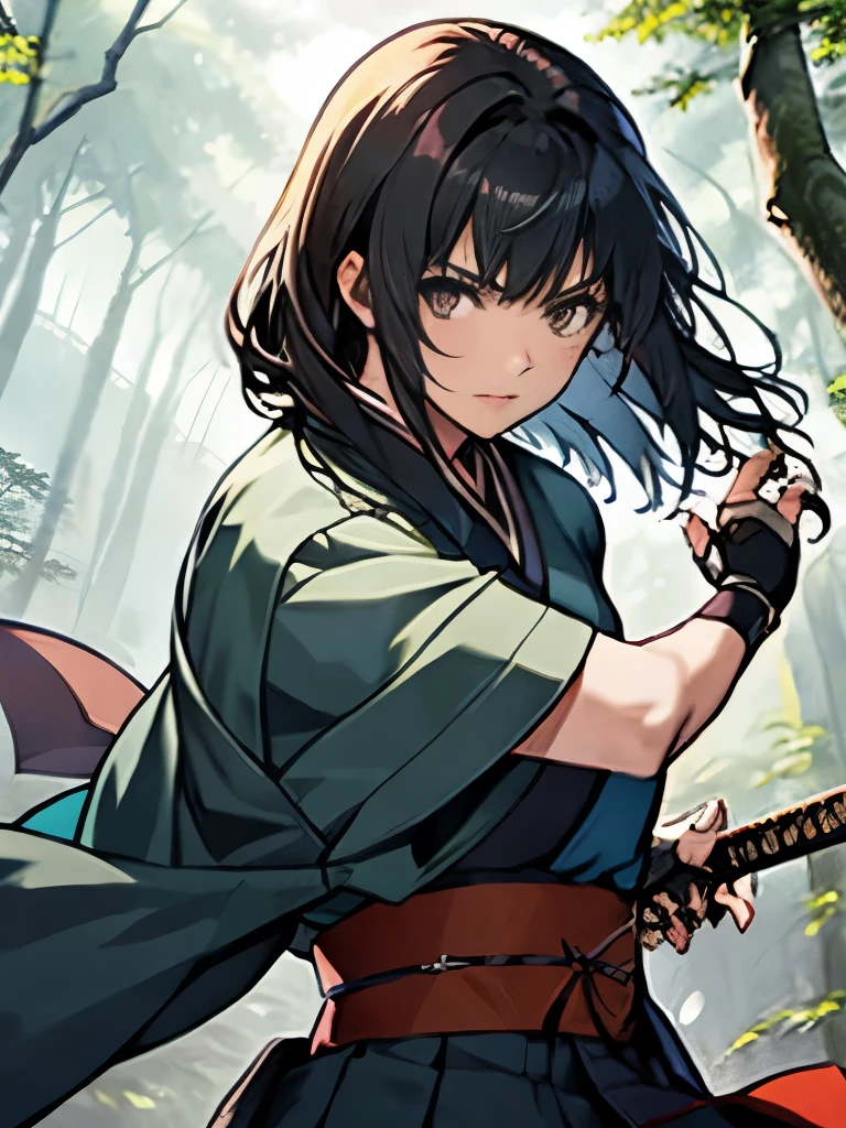 masterpiece　realistic　black-haired beauty　21 years old　sharp eyes　prepare a sword　Japanese swordsman　Tension　mid-waist　Fight the bird monster　night forest