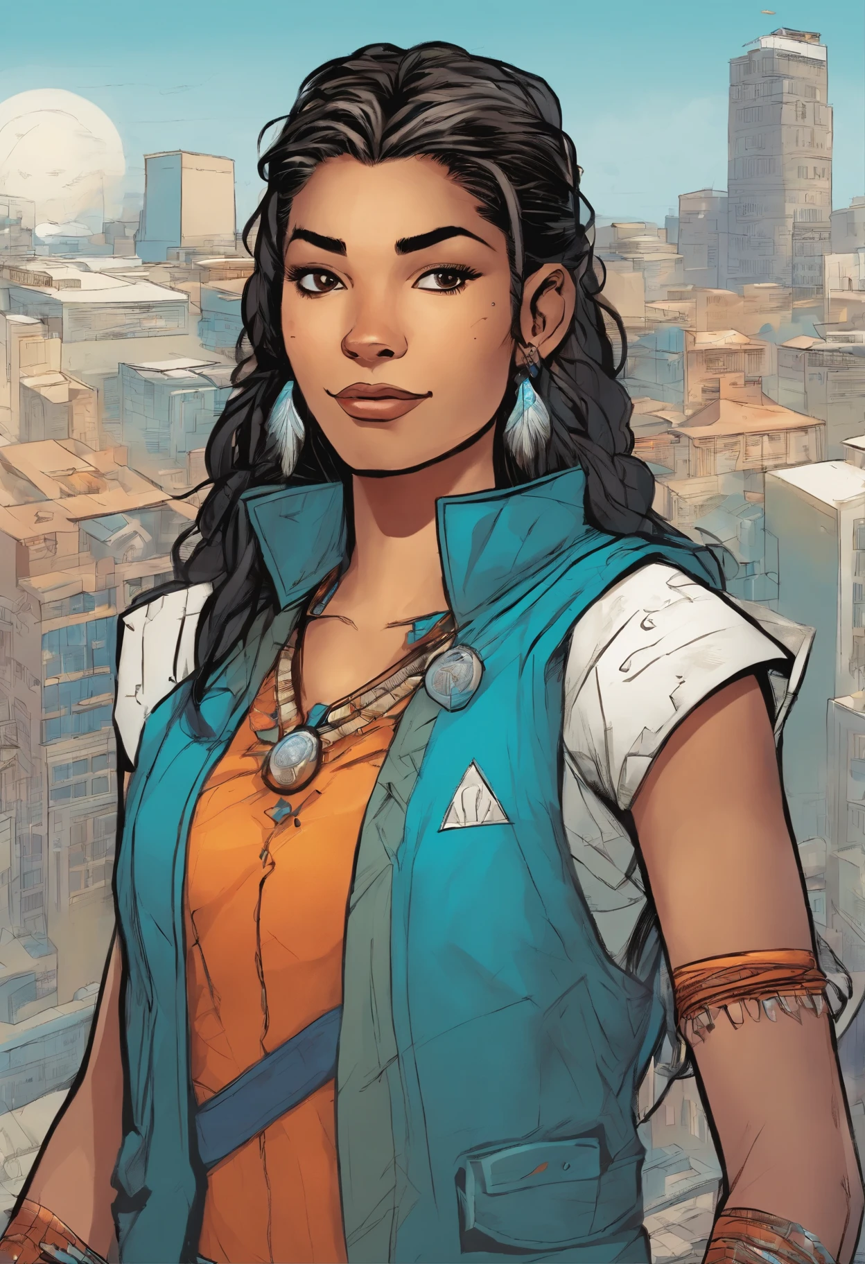 Female,  who is a Native American Spiderman with Water based abilities and culturally Cherokee. Outfit is mainly blue, teal, and white with some orange accents.