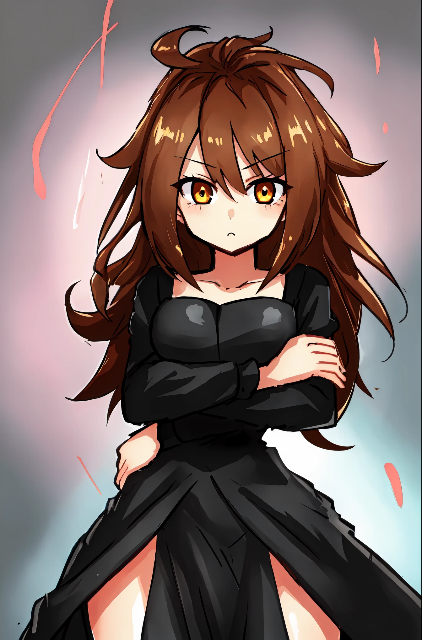 (((Ultra-HD-quality-details, relaxed, ideal-cutesie))) emphasized-details:2, 1girl, solo, anime-character-"Android-21", dangerous-physique, (((black-dress))), brown-hair, golden-eyes, glowing-eyes, arms-crossed, looking-at-viewer