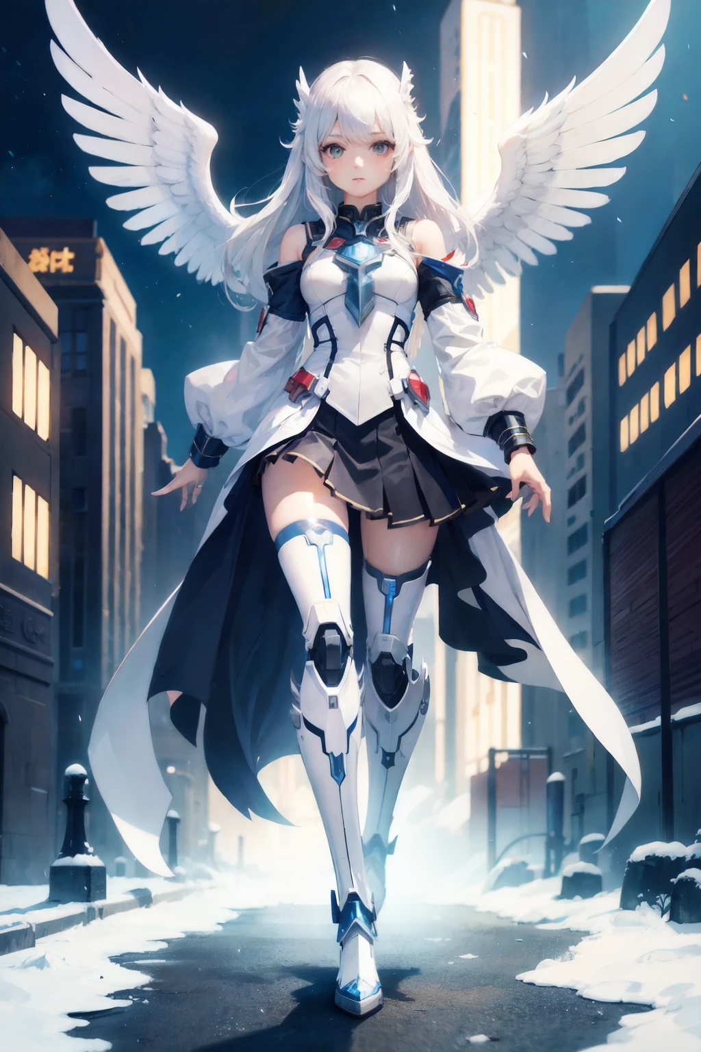 highest quality、cinematic lighting、Pegasus personification、Pegasus becomes a beautiful girl、future city、Mecha girl、