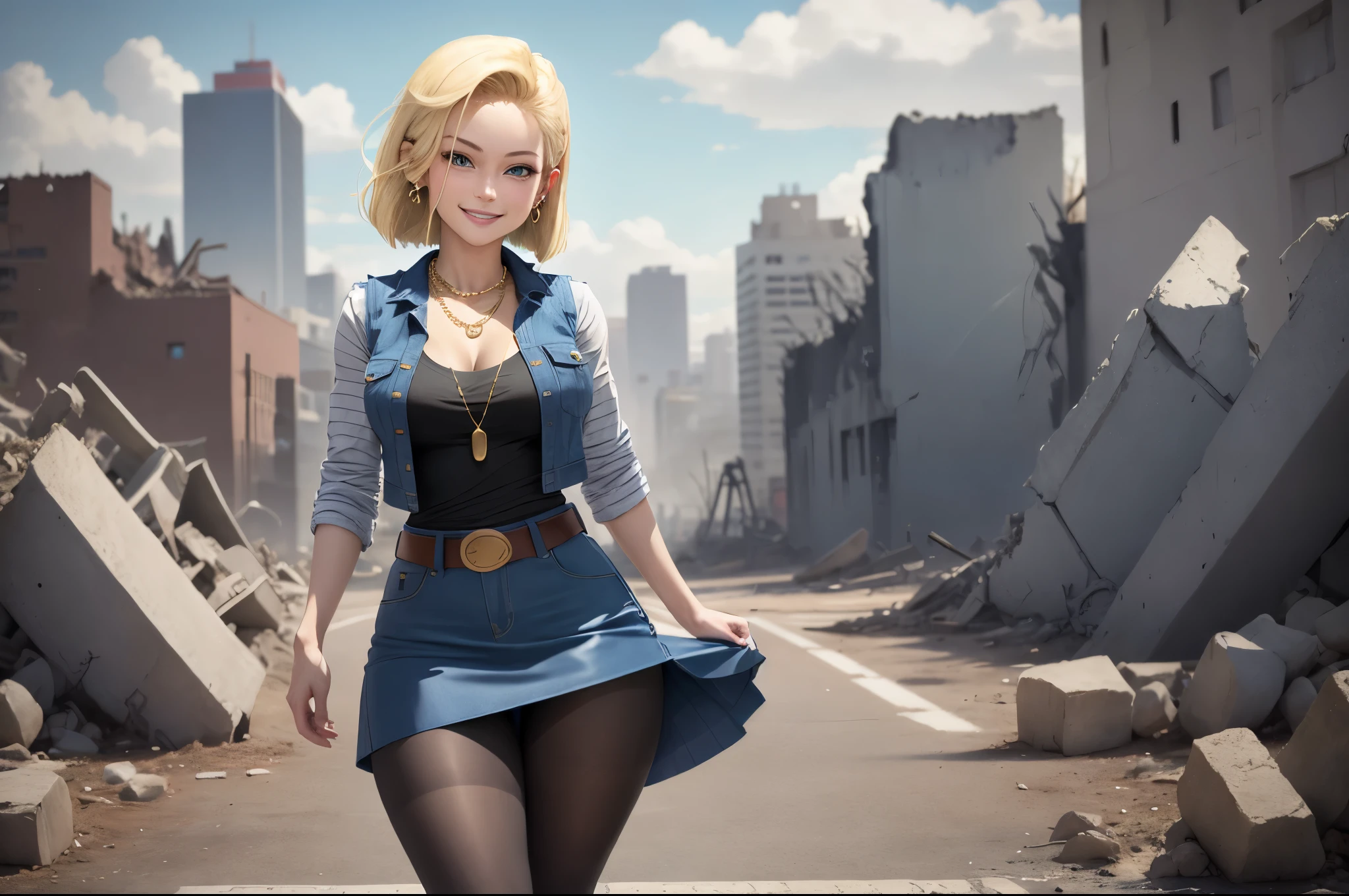 best quality, highres, and18, 1girl, android 18, solo girl, blonde hair, blue eyes, belt, boots, tight blue demin skirt, gold necklace, black shirt, short hair, long striped sleeves, earrings, open vest, denim vest, medium breasts, cowboy shot, city view, straight-on, (weather: windy), sexy smile, full length pantyhose, battle ruins, wide hips, thick legs, sexy stance,