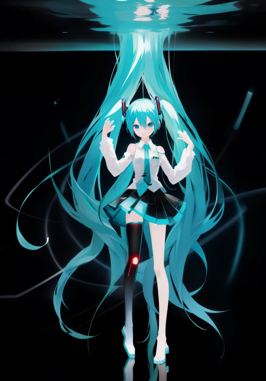 Amputee anime girl dressed in black,The right leg is a glass hollow prosthesis，One leg is transparent，One leg is made of glass。Slender full body picture anime girl，long blue hair，white shirt and black skirt, Hatsune Miku, Portrait of Hatsune Miku, Hatsune Miku 