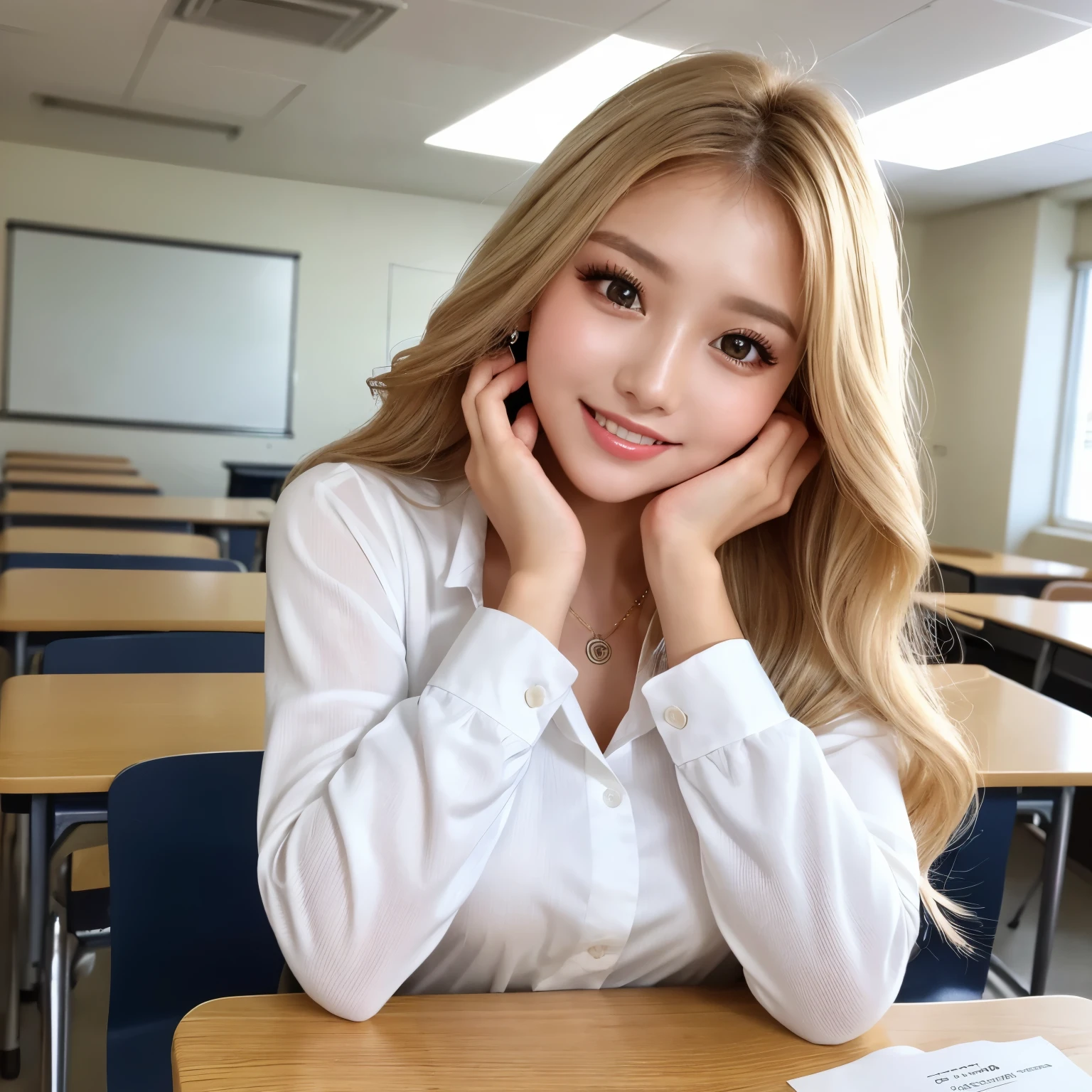 (highest quality、table top、8k、best image quality、Award-winning work)、1 beautiful 、blonde gal、long wavy hair、Bright color contacts、necklace、small precision earrings、exposed chest、(White long-sleeved dress shirt made of polyester material:1.3)、navy pleated skirt、uniform ribbon on chest、thin、cleavage、huge breasts、emphasize the bust line、(accurate anatomy:1.1)、the best smile when you look at me、The most natural and perfect high school classroom background、(Strongly blurred background:1.1)、(The most natural and authentic high school classroom interior:1.1)、(The most natural and perfect regular arrangement of desks and chairs:1.1)、perfect makeup、(Ultra high resolution gloss, fair skin:1.1)、Ultra-high resolution face、ultra high resolution hair、Super high resolution sparkling eyes、Super high resolution glossy lips、(Super high resolution perfect beautiful teeth:1.1)、(very brightly illuminated white skin:1.1)、Beautiful face drawn in every detail、photo from the chest up、(close up of face:1.1)