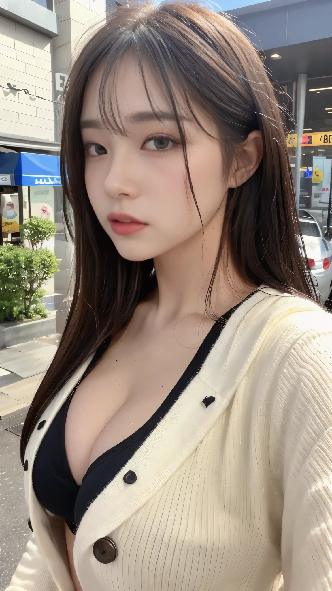 ((best quality, 8k, master piece:1.3)), sharp:1.2, beautiful woman with perfect figure:1.4, slim abs:1.2, ((layered hairstyles, huge tit:1.3,cleavage:1.2)), (A long shirt with wet white buttons visible through it.:1.1),(rain,street:1.2),get wet:1.5,Highly detailed face and skin texture,detailed eye,double eyelid,look at the camera from the side