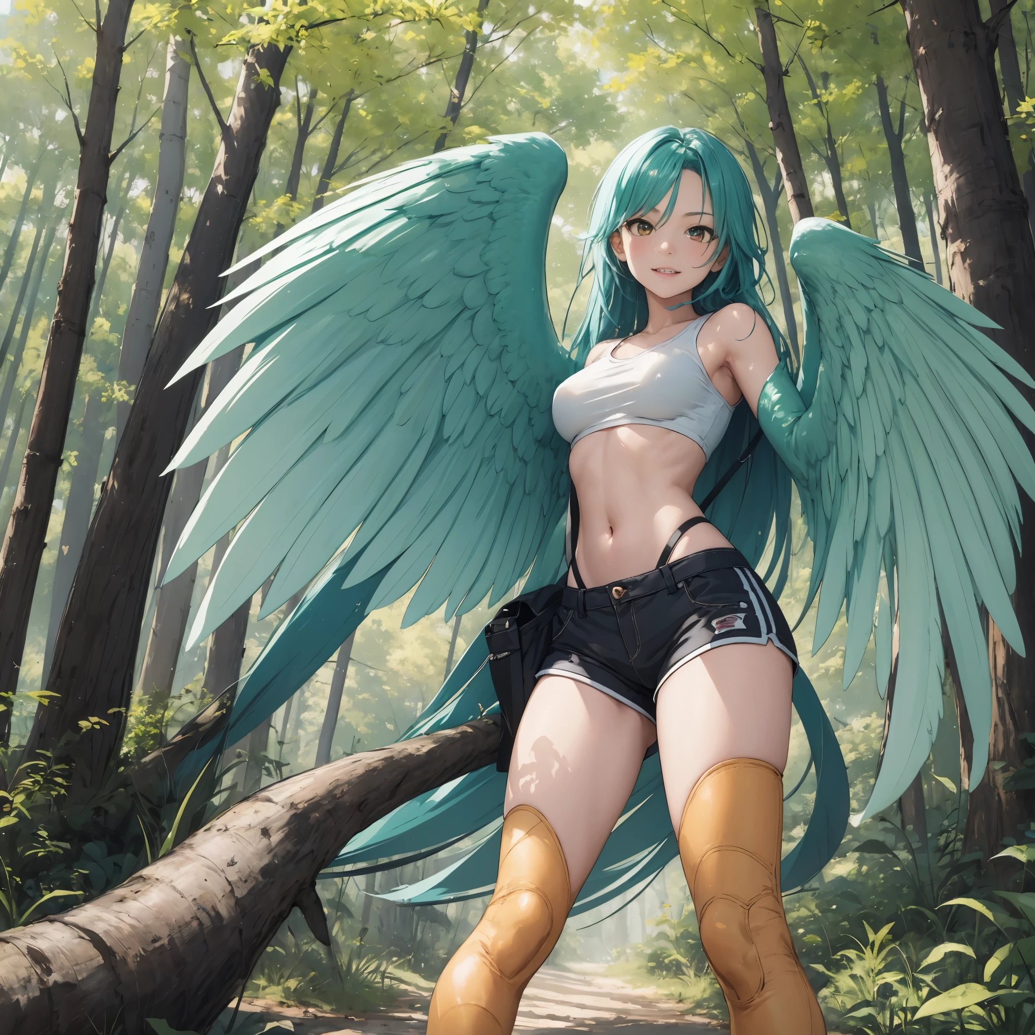 1 female, solo female, harpy, emerald green wings, beautiful wings, bird legs, sharp black talons, tan skin, tomboyish appearance, slim body, body height, shoulder length green hair, bright yellow eyes, masterpiece, excellent details,sports shorts, flying over a forest, happy expression on face, very detailed,silky emerald green hair