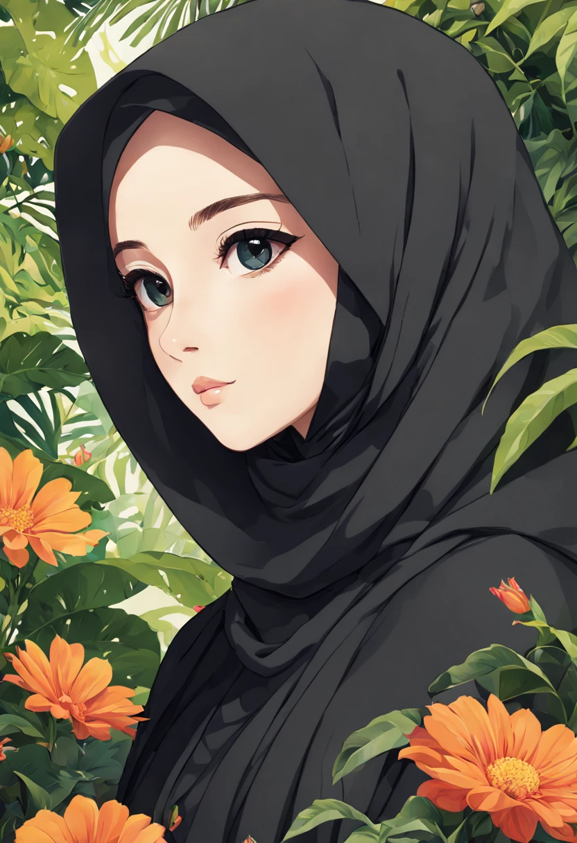 Develop a poignant anime-style illustration showcasing the extreme close-up of a 24-year-old woman draped in a black Abaya and Khimar Hijab. In the background, a lush garden blooms with vibrant flowers and exotic plants, symbolizing the beauty and abundance of nature in Islamic tradition, while the woman's unadorned eyes reflect the peace and tranquility found in connecting with the natural world.