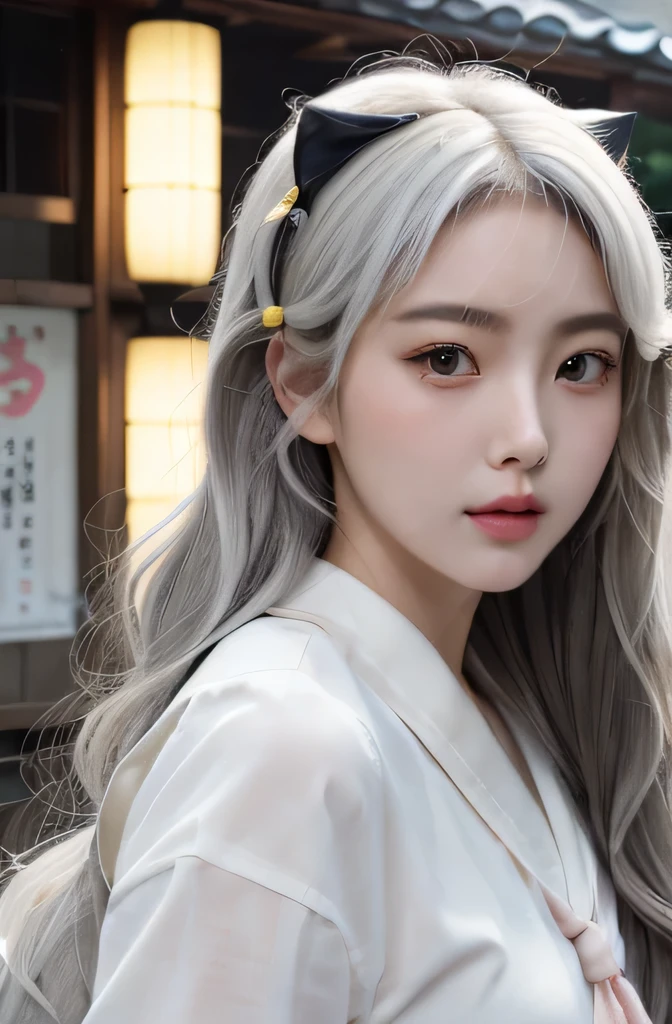 masterpiece, detail, perfect face, perfect hand, korean girl. solid white hair color, little wavy and long style. smoky black pupil. peach blush on. glossy sexy lips. wear japan school uniform, white cat ear ornamen on hair. sweet smile. in front of japanese school, lick a pop. soft light 1,8, yellow light glow, warm color, shoot by fix lenses camera.