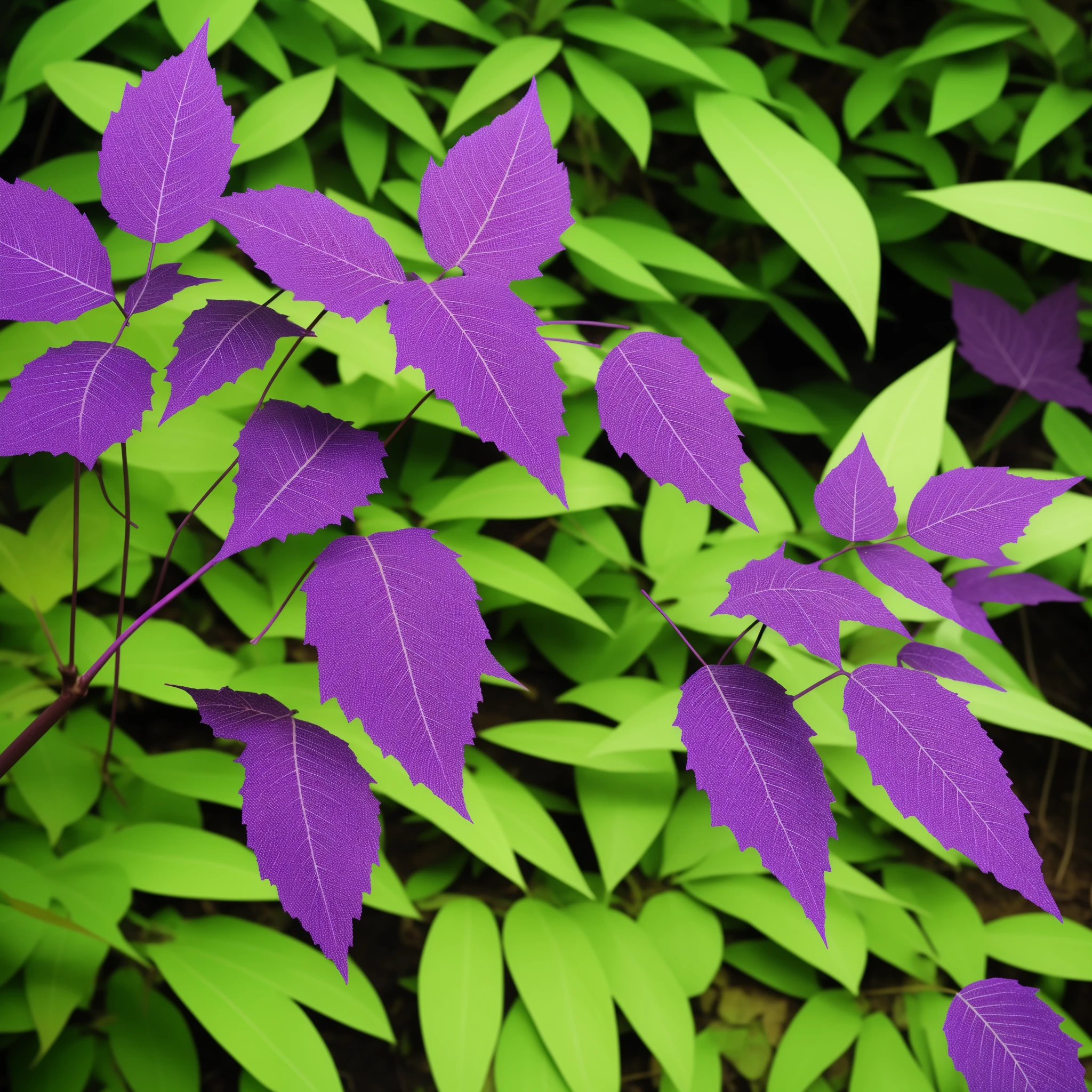 purple leaves with green leaves on them in the ground, a stipple by Daniel Chodowiecki, flickr, fine art, purple foliage, purple and green colors, colorful tropical plants, vibrant foliage, blue and purple plants, purple and green, alien colorful greenery, glowing purple, alien foliage plants, dark neon colored rainforest, beautiful lush colors, beautiful plants
