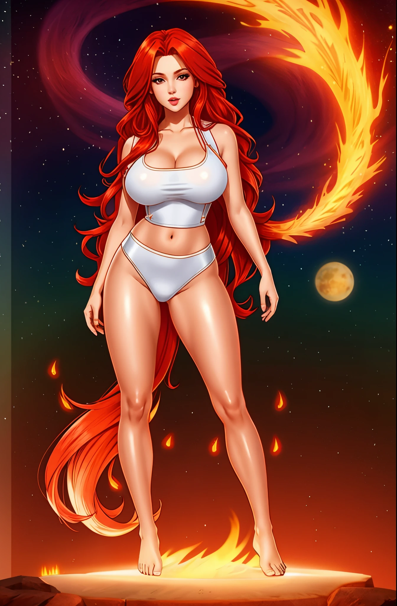 full body shot, woman with long red hair wearing a white top, rusty colored long hair, long glowing ethereal hair, very long wavy fiery red hair, (covered nipples:0.4)