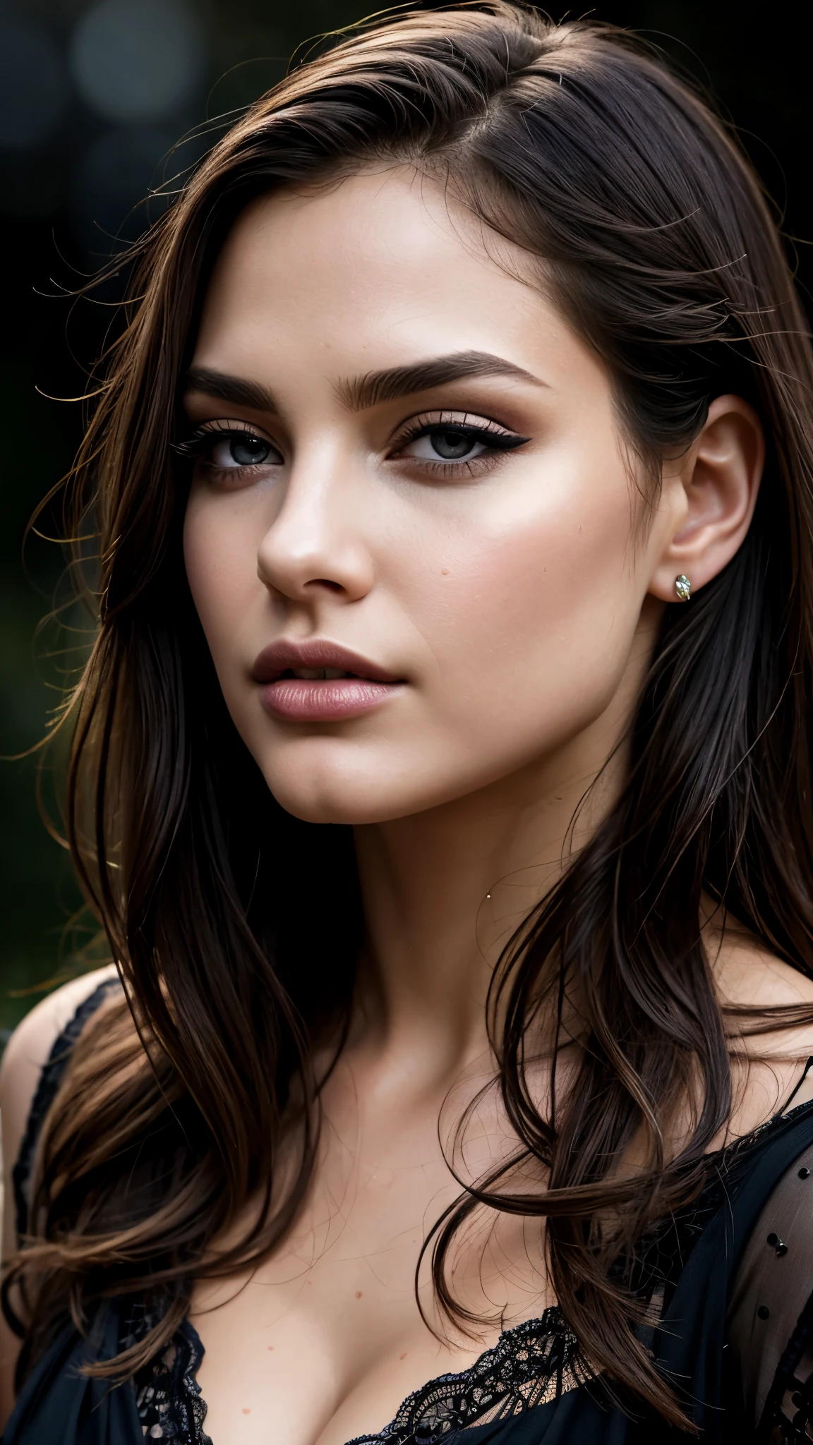 (best quality, highres), beautiful detailed eyes, beautiful detailed lips, extremely detailed eyes and face, long eyelashes, intense gaze, mysterious expression, sensual lips, elegant appearance, confident posture, curvaceous figure, sultry atmosphere, gentle breeze, dramatic lighting, dark and moody color palette, soft and subtle smoky eye makeup, glistening water droplets on skin and clothing, intense reflections on wet surfaces