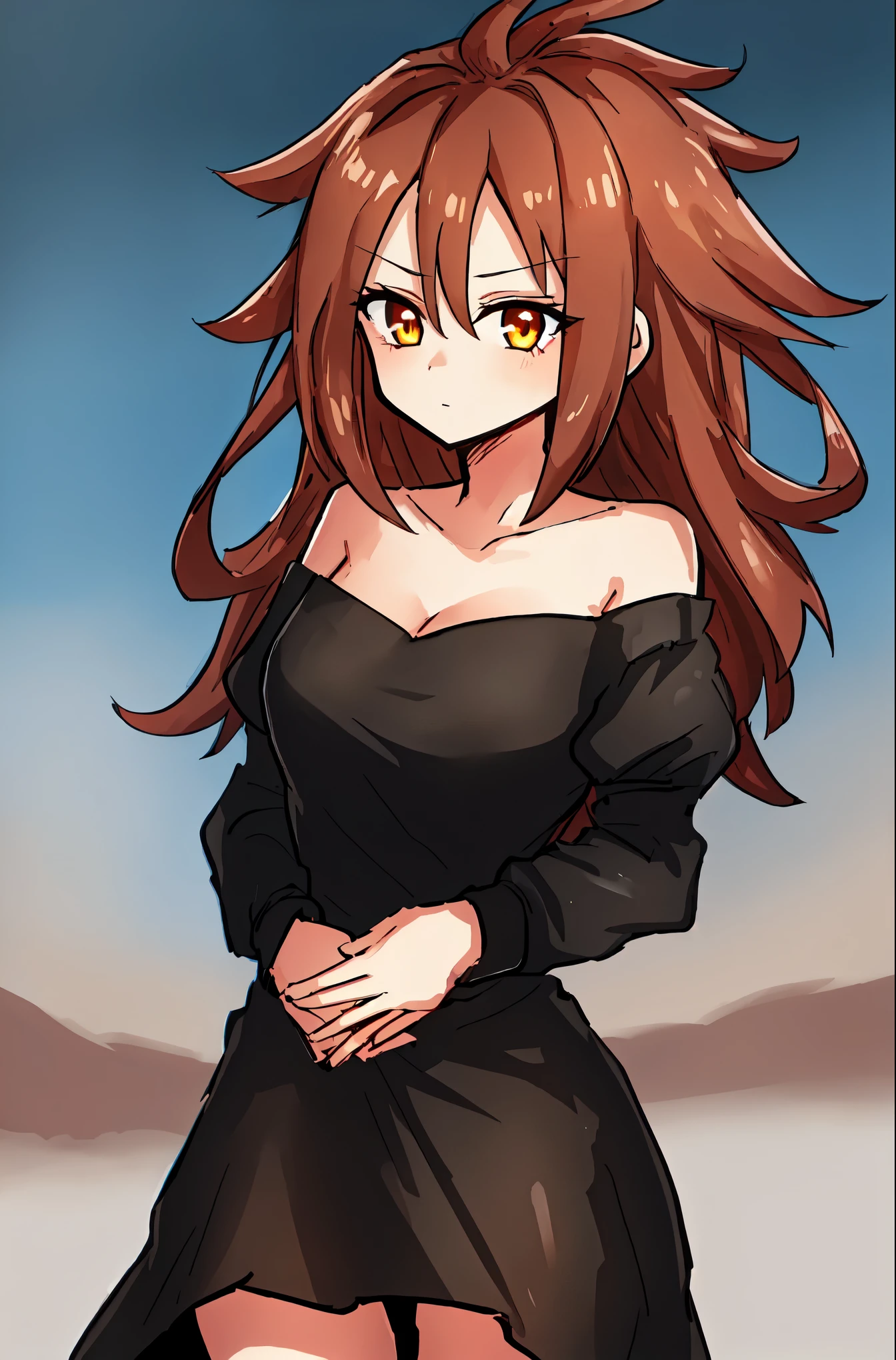 (((Ultra-HD-quality-details, relaxed, ideal-cutesie))) emphasized-details:2, 1girl, solo, anime-character-"Android-21", dangerous-physique, (((black-dress))), brown-hair, golden-eyes, glowing-eyes, arms-crossed, looking-at-viewer