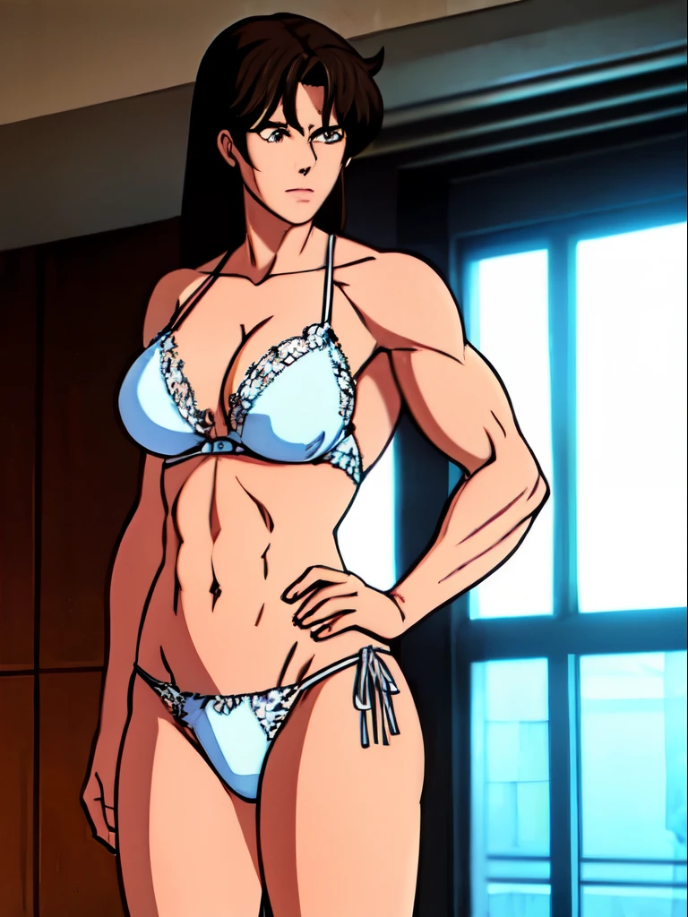 A sexy girl with a muscular body, wearing white lace thong, standing tall and dominant , self confident, ,aggressive, strong, serious, fighting, bulging muscles, big breasts