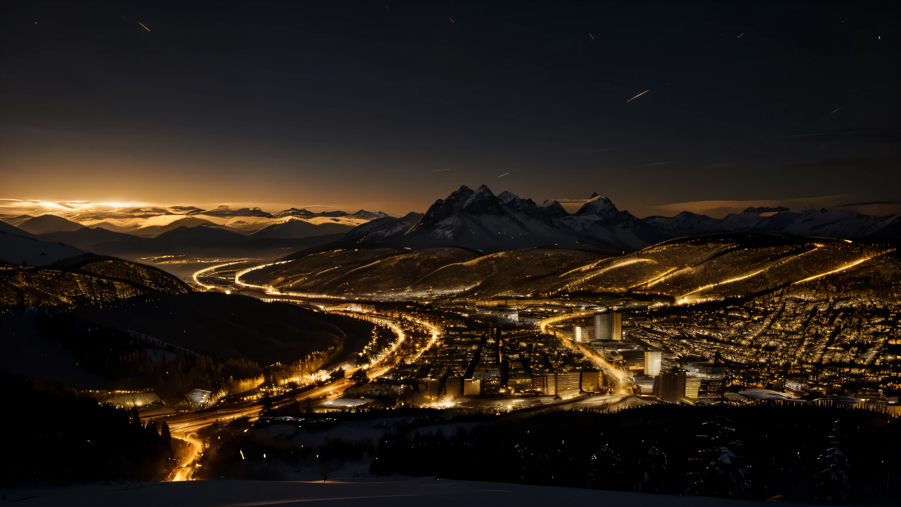 (extremely detailed 8k wallpaper), sky, night, snow, city mixed with nature, mountains, award-winning photography, dramatic lighting, (dark and golden colors), golden lights.