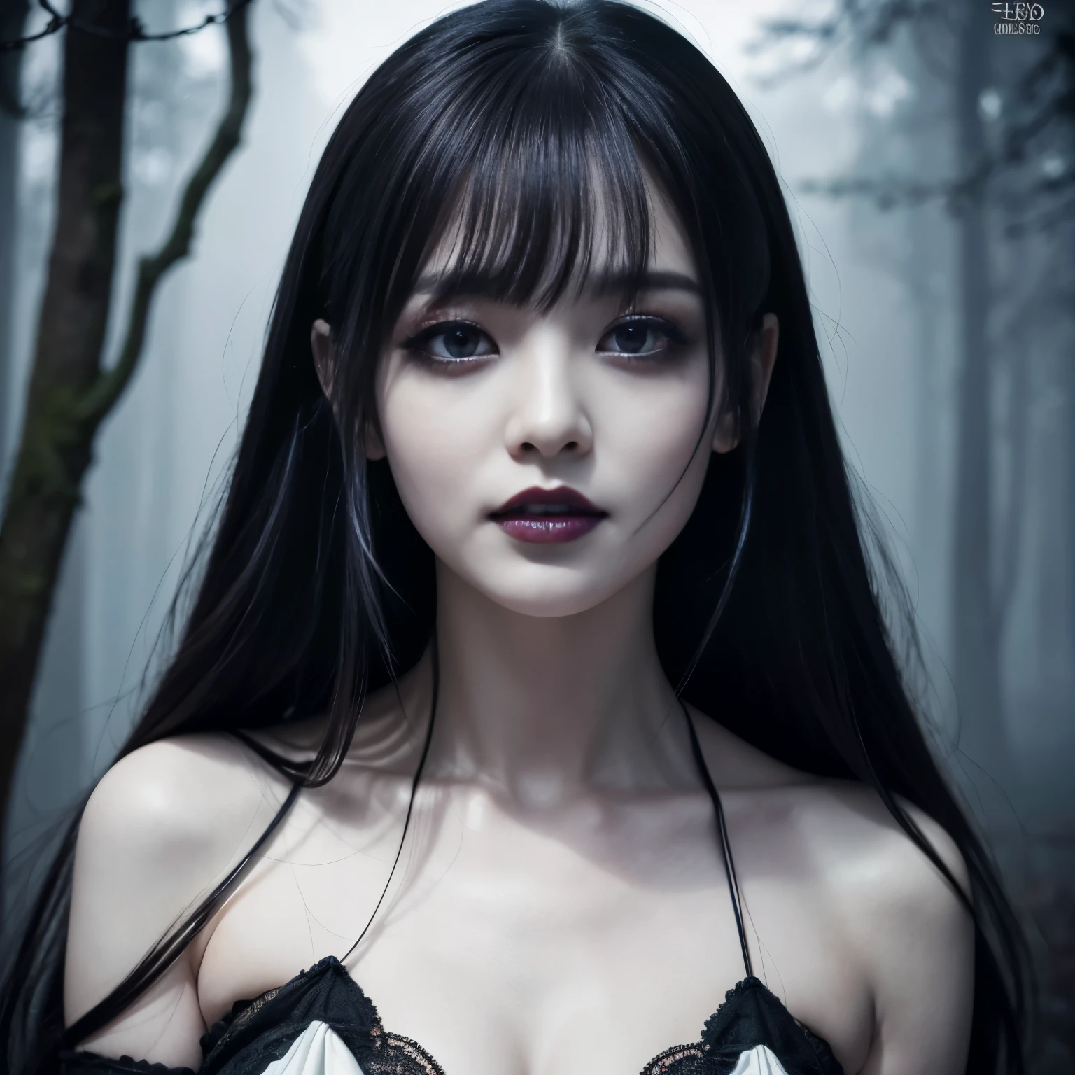 (highest quality、table top、8k、best image quality、Award-winning work、Ultra high definition)、Creepy and horror beauty、(full body photo:1.35)、(slightly pregnant:1.2)、(spider web on the background:1.1)、Are standing、(zombie beauty:1.25)、(Bloodまみれの顔:1.25)、出Blood、Blood、Blood液、Zombie Makeup、(pure white and creepy skin:1.2)、long straight hair、black eyeshadow、black nightgown、around the eyes、black lips、(very long bangs:1.1)、long hair、(dark spooky forest:1.2)、Terrible night、dark thriller atmosphere、Spooky fog、small cleavage、A cold smile staring at me、blurred background、upper body photo、accurate anatomy、Ultra-high resolution face、ultra high resolution hair、Super high resolution sparkling eyes、超高解像度のblack lips、(Super high resolution perfect teeth:1.1)、Creepy face drawn in detail