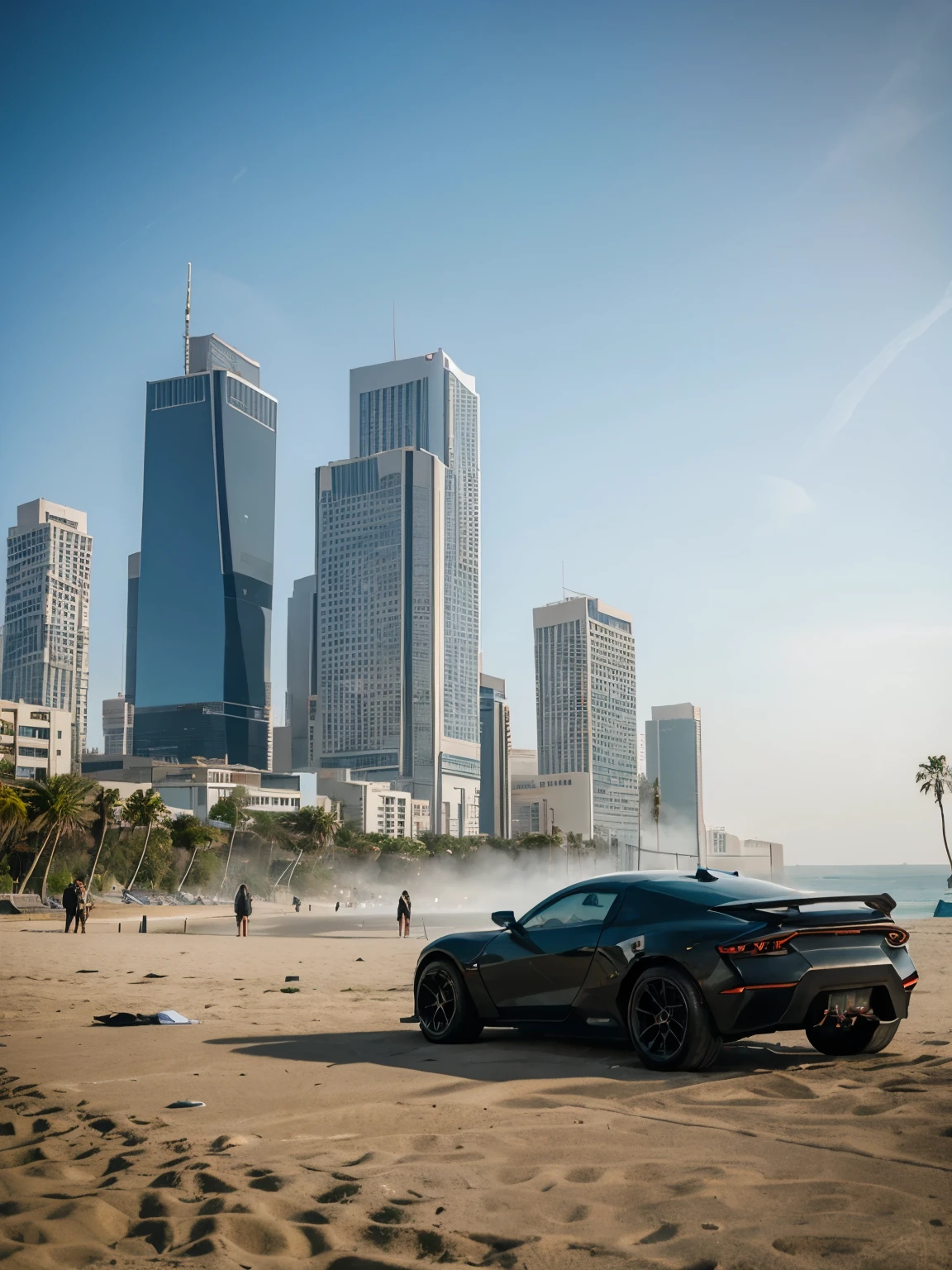 Los Angeles, futuristic, 2030's, city, cyberpunk, cyberpunk style, fog, day time, no one, nobody, beach, park, Pacific park, sea, palm trees, car on the beach, sea background, ground view, 8k, masterpiece, high resolution, high details
