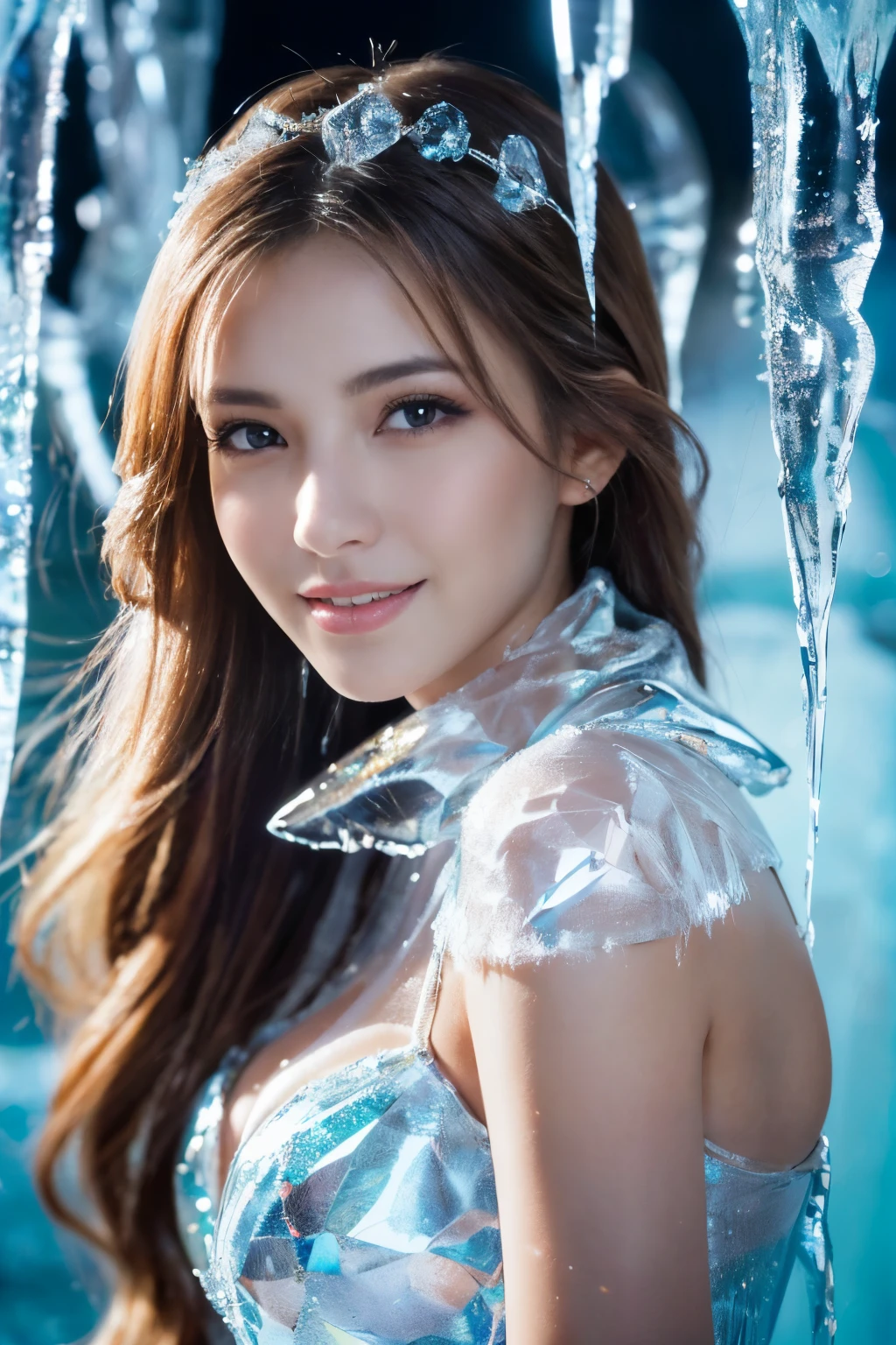 ((table top:1.4, highest quality)), (realistic pictures:1.4), 
((1 girl)), 
(超High resolution:1.2), very delicate and beautiful, wonderful, 
Highly detailed CG Unity 8k wallpaper, Super detailed, High resolution, soft light, 
beautiful detailed girl, highly detailed eyes and face, beautifully detailed nose, beautiful and detailed eyes, 
(She is wearing a dressed up costume and is frozen in ice.:1.4),
cinematic lighting, perfect anatomy, slender body, thin chest,
(ice castle guest room, Ice Room, ice furniture, ice chandelier, lit up in the dark:1.3), (A fantastic world of ice and light, transparency of ice, The aesthetics of light refracting through ice:1.3), (A world of inorganic beauty where everything is covered in icicles and frozen.:1.3), Beautiful,
cowboy shot, looking at the viewer, smile
