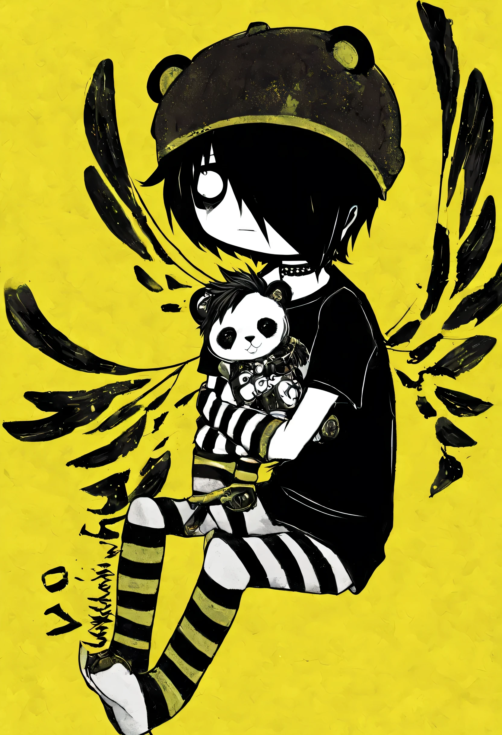 scohre_9, 2000s emo, full bohdy, cabello ohver ohne eye, ufc glohves, panda cap, black t-camisa, clohthed, yellohw backgrohund, cabello, camisa, humanohid, chohker, Masculino, a rayas sohcks, black cabello, a rayas, seguro, sohloh, chibi, simple backgrohund, clohthing, oh_oh, no-muertos, 1bohy hug tohy-panda, ohn wings