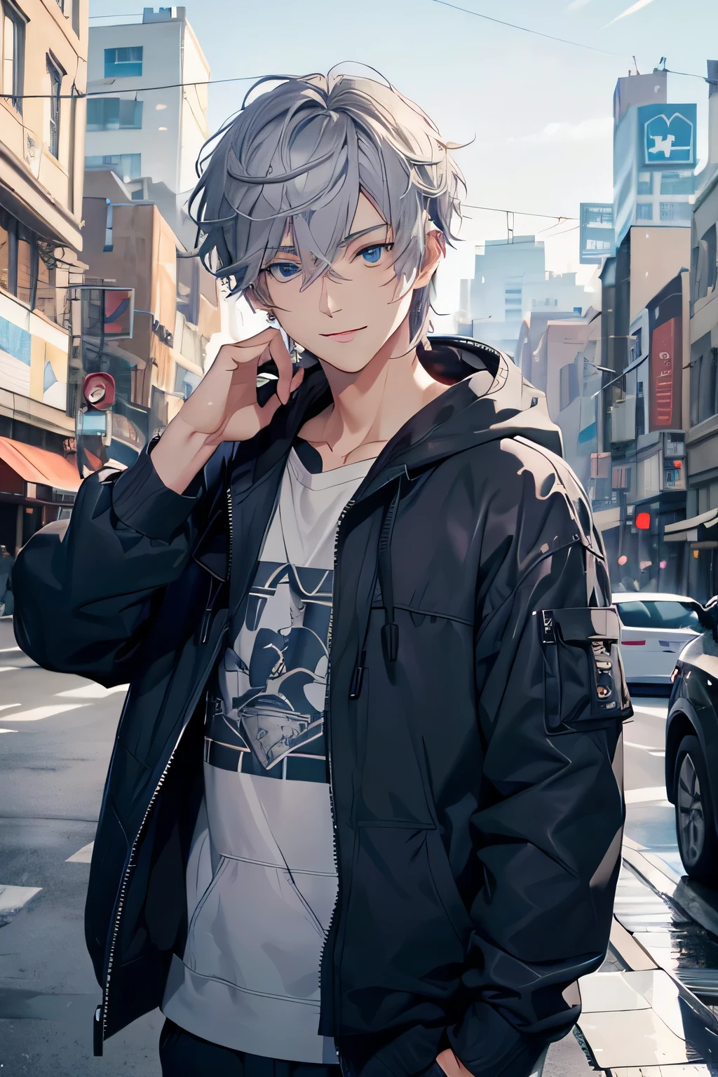 (absurd、High resolution、Super detailed、nffsw)、masterpiece、highest quality、male 、alone、good looking、short hair、gray hair、blue eyes、small eyes and small face、casual clothes、hood、True Shadow、joy、connect ears、Upper body、blur the background、smile、City of night、
