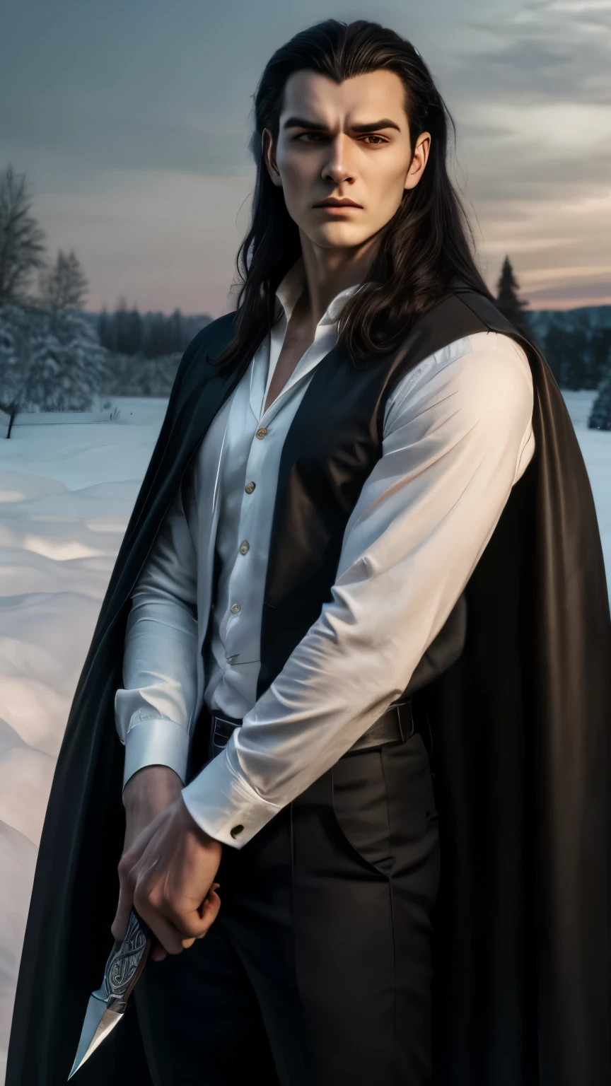 Young tall thin man with a handsome face with perfect delicate features, long black hair, yellow eyes, beautiful black eyebrows, vampire, thoughtful expression, wearing a snow-white shirt and a black cape, Dagger in hand
