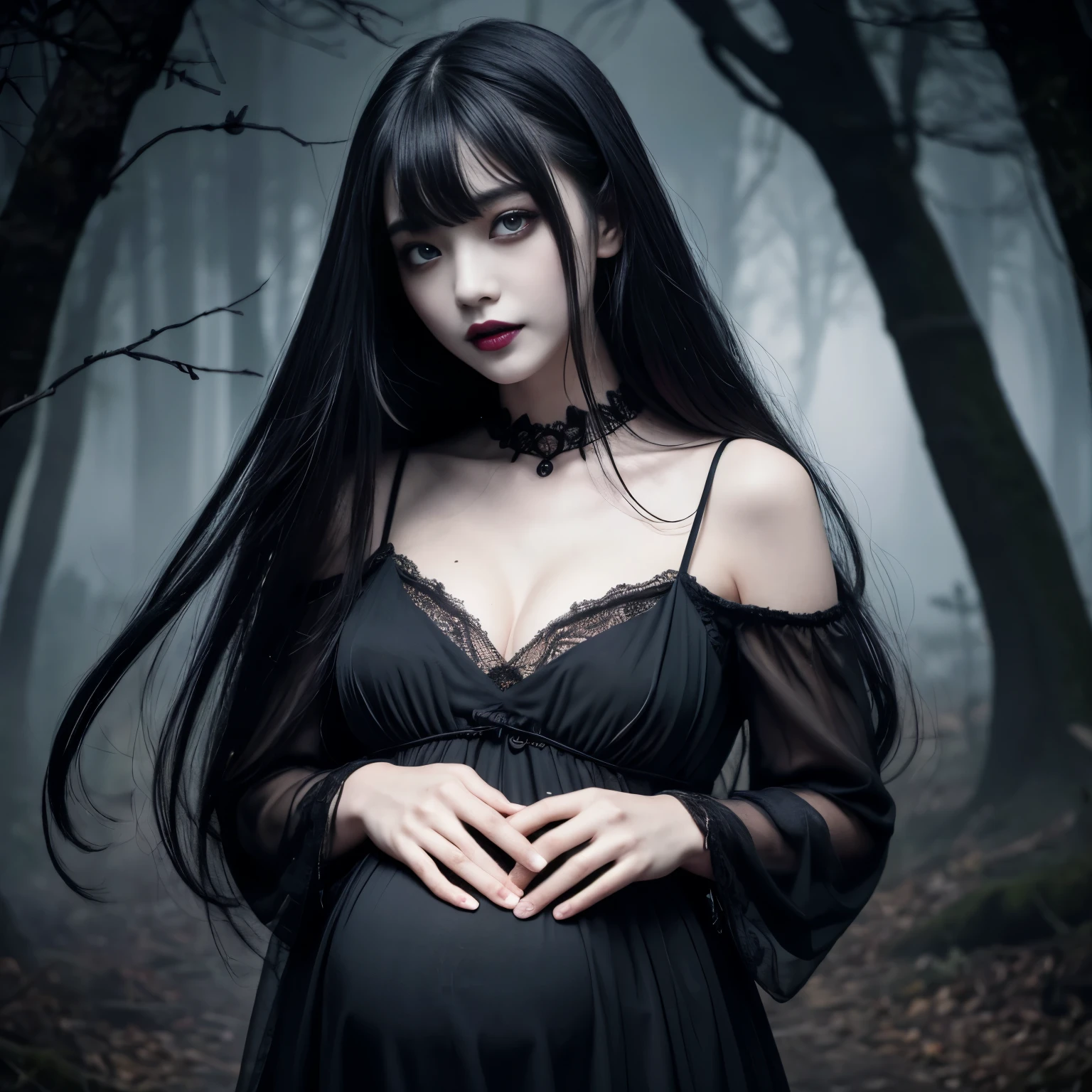 (highest quality、table top、8k、best image quality、Award-winning work、Ultra high definition)、Creepy and horror beauty、(full body photo:1.35)、(slightly pregnant:1.2)、(spider web on the background:1.1)、Are standing、(zombie beauty:1.25)、(Bloodまみれの顔:1.25)、出Blood、Blood、Blood液、Zombie Makeup、(pure white and creepy skin:1.2)、long straight hair、black eyeshadow、black nightgown、around the eyes、black lips、(very long bangs:1.1)、long hair、(dark spooky forest:1.2)、Terrible night、dark thriller atmosphere、Spooky fog、small cleavage、A cold smile staring at me、blurred background、upper body photo、accurate anatomy、Ultra-high resolution face、ultra high resolution hair、Super high resolution sparkling eyes、超高解像度のblack lips、(Super high resolution perfect teeth:1.1)、Creepy face drawn in detail