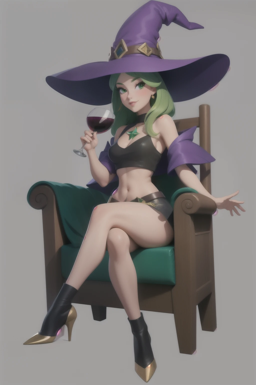green-skinned witch sitting on the throne dressed in a crop top and mini skirt drinking wine with her legs crossed very detailed pin up concept art witch hat sexy skinned green