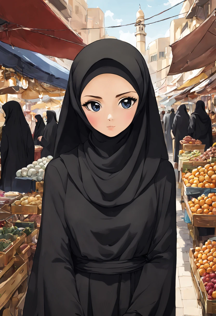 Craft a visually striking anime-style artwork featuring a detailed close-up of a 24-year-old woman wearing a black Abaya and Khimar Hijab. Surrounding her, a bustling souk comes alive with the hustle and bustle of shoppers and traders, symbolizing the vibrancy and energy of Islamic markets, while the woman's modest attire exudes an air of elegance and sophistication.