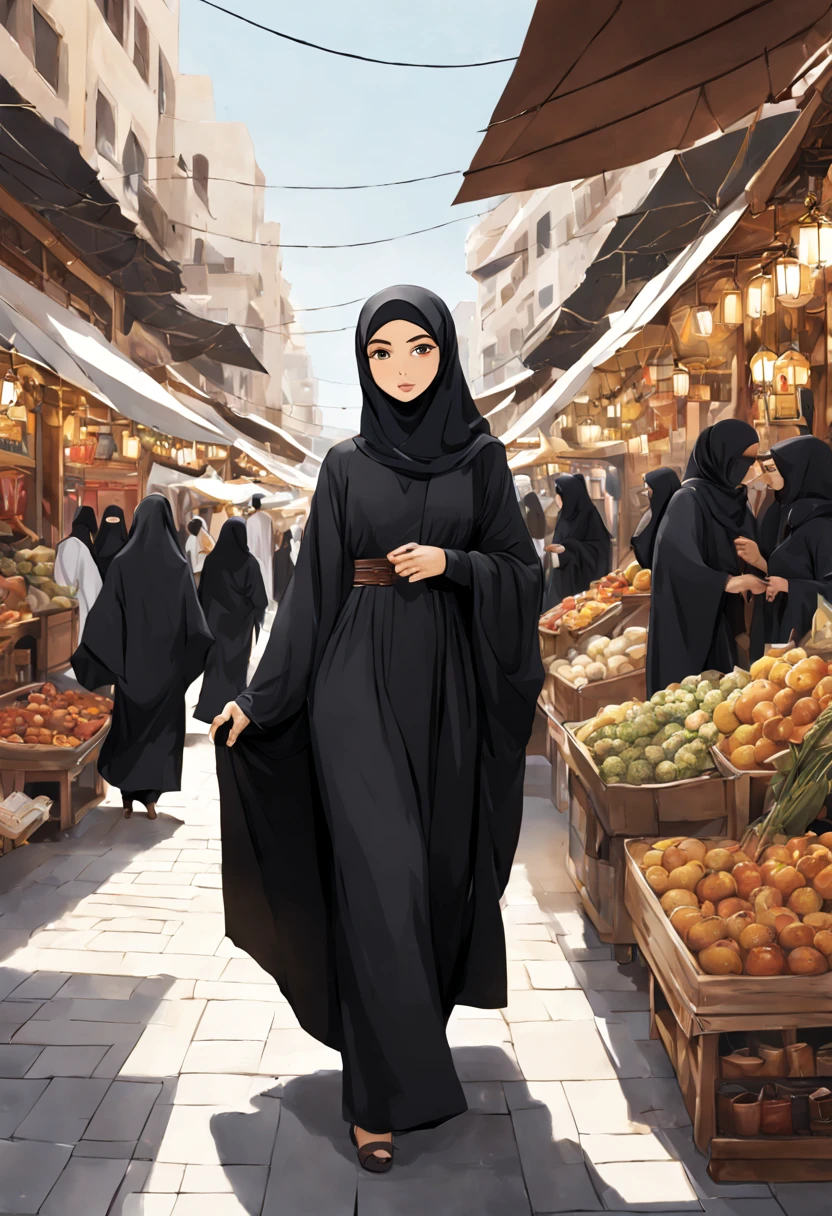 Craft a visually striking anime-style artwork featuring a detailed close-up of a 24-year-old woman wearing a black Abaya and Khimar Hijab. Surrounding her, a bustling souk comes alive with the hustle and bustle of shoppers and traders, symbolizing the vibrancy and energy of Islamic markets, while the woman's modest attire exudes an air of elegance and sophistication.