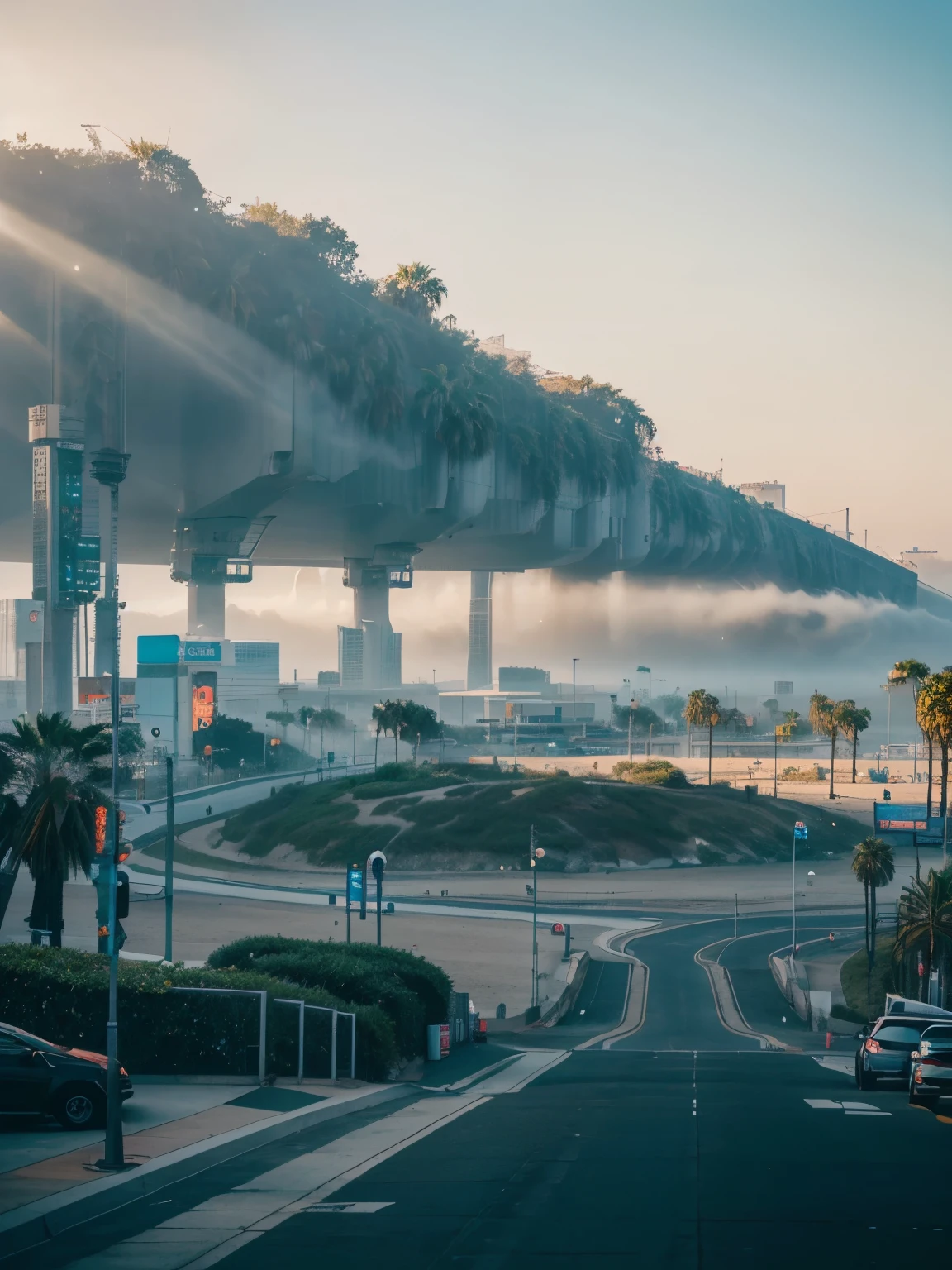 Los Angeles, futuristic, 2030's, city, cyberpunk, cyberpunk style, fog, day time, no one, nobody, beach, park, Pacific park, one ferris wheel, theme park, sea, palm trees, car on the beach, fogus sea, sea background, ground view, 8k, masterpiece, high resolution, high details