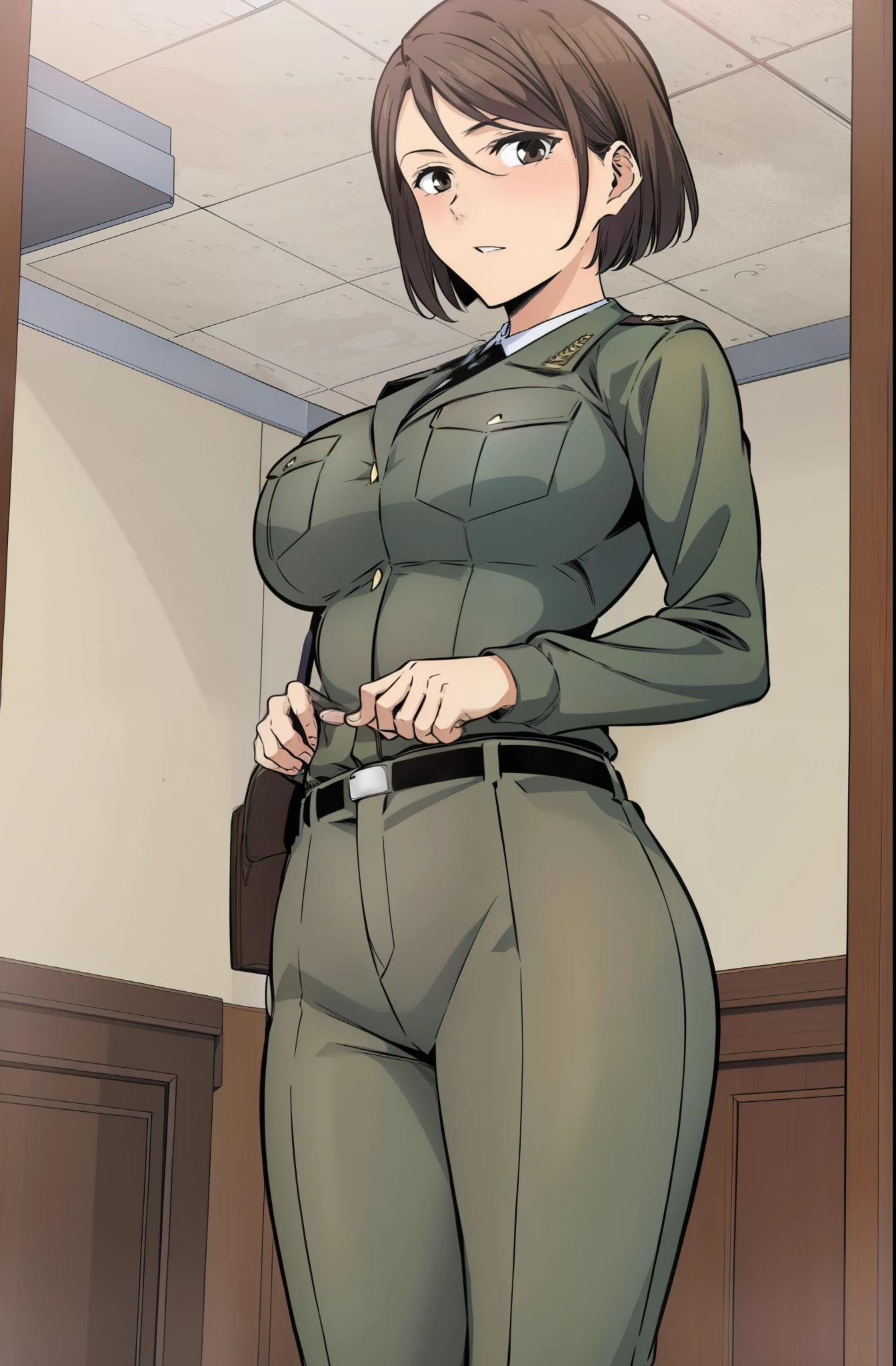 master piece, 1girl, solo, LOOKING AT VIEWER, WIDE HIPS, large breasts, brown hair, long sleeves,  brown eyes, standing, jacket, cowboy shot, pants, indoors, uniform, military, window, military uniform, pocket, SHORT HAIR, BROWN HAIR, GREY EYES, tight clothes, clock, breast pocket
