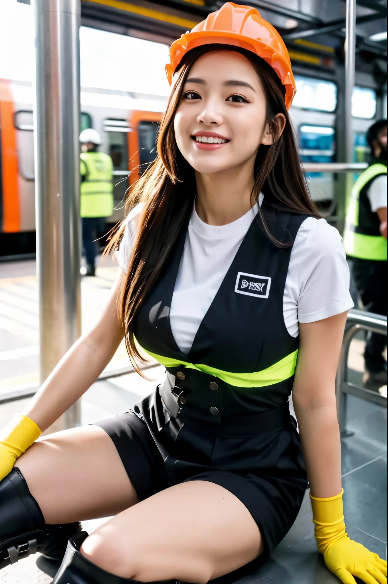 (((subway track maintenance worker costume))),(((reflective vest))),(((hard hat))),(((rubber boots))),(((sit and knees up))),(((bare inner thigh))),(((double-breasted,underbust:1.2))),ulzzang-6500-v1.1, (Raw photo:1.2), (Photo realistic:1.4), a beautiful detailed girl, extremely detailed eye and face, beautiful detailed eyes, ultra-detailed, High resolution, top-quality, masterpiece, highly detailed, 8k wallpaper, Wonderful, finely detail, top-quality, Light on the face,电影灯光,1girl in,(),Beautiful eyes,smile,Opening Mouth