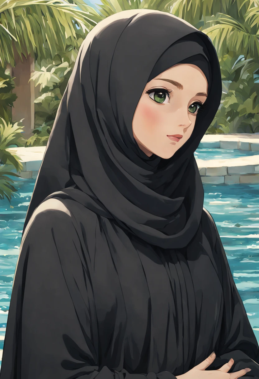 Develop a poignant anime-style artwork featuring the extreme close-up of a 24-year-old woman draped in a black Abaya and Khimar Hijab. In the background, a tranquil oasis beckons with its shimmering pool and lush palm trees, symbolizing the oasis of peace and serenity found in Islamic spirituality, while the woman's serene expression reflects the inner tranquility and contentment of faith.