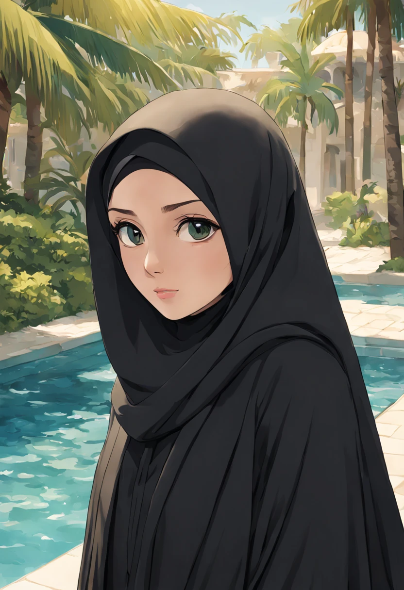 In the Anime style of UFOTABLE studio with excessive details: Develop an ultra-detailed illustration showcasing the extreme close-up of a 24-year-old woman's face, her eyes the focal point of the composition. Clothed in a black Abaya and Khimar Hijab, ensure no strands of hair are visible. In the background, a tranquil waterfall cascades down a rocky cliff, its crystalline waters shimmering in the sunlight. The serene beauty of the natural landscape complements the woman's inner peace and tranquility, creating a harmonious and captivating scene.