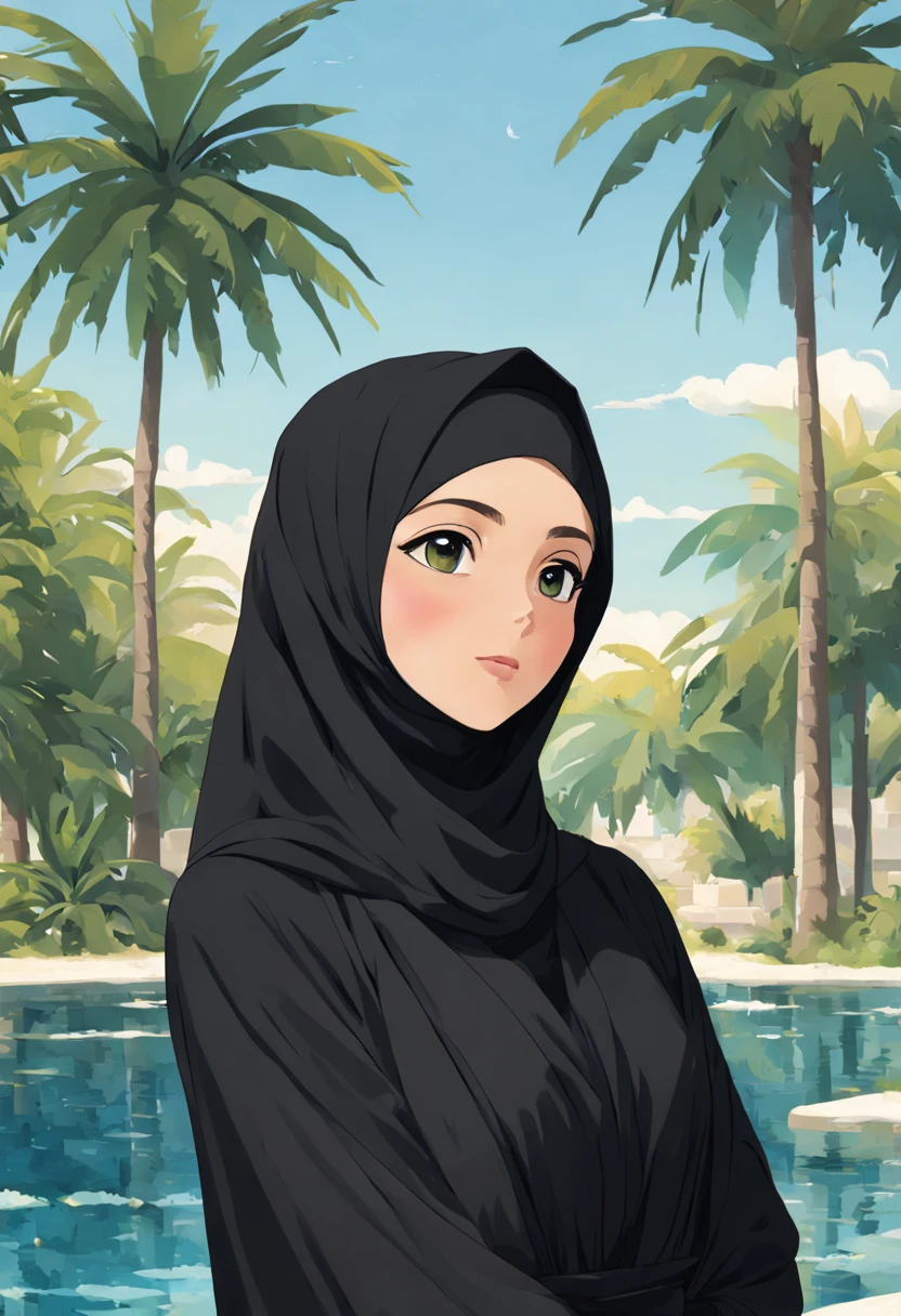 Develop a poignant anime-style artwork featuring the extreme close-up of a 24-year-old woman draped in a black Abaya and Khimar Hijab. In the background, a tranquil oasis beckons with its shimmering pool and lush palm trees, symbolizing the oasis of peace and serenity found in Islamic spirituality, while the woman's serene expression reflects the inner tranquility and contentment of faith.