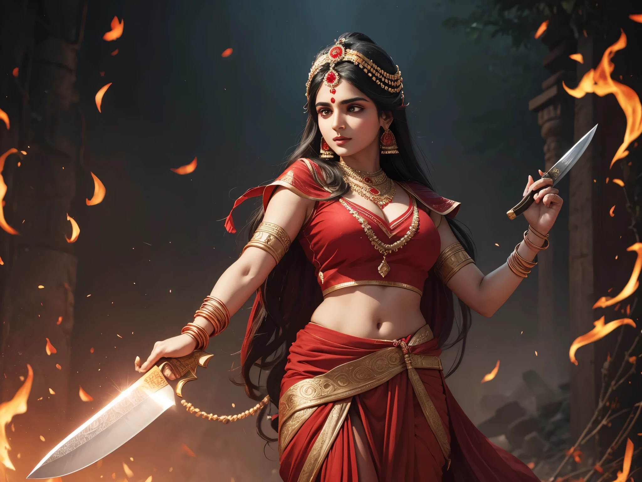 goddess dhurga wearing red clothes, background fir with large knife in hads