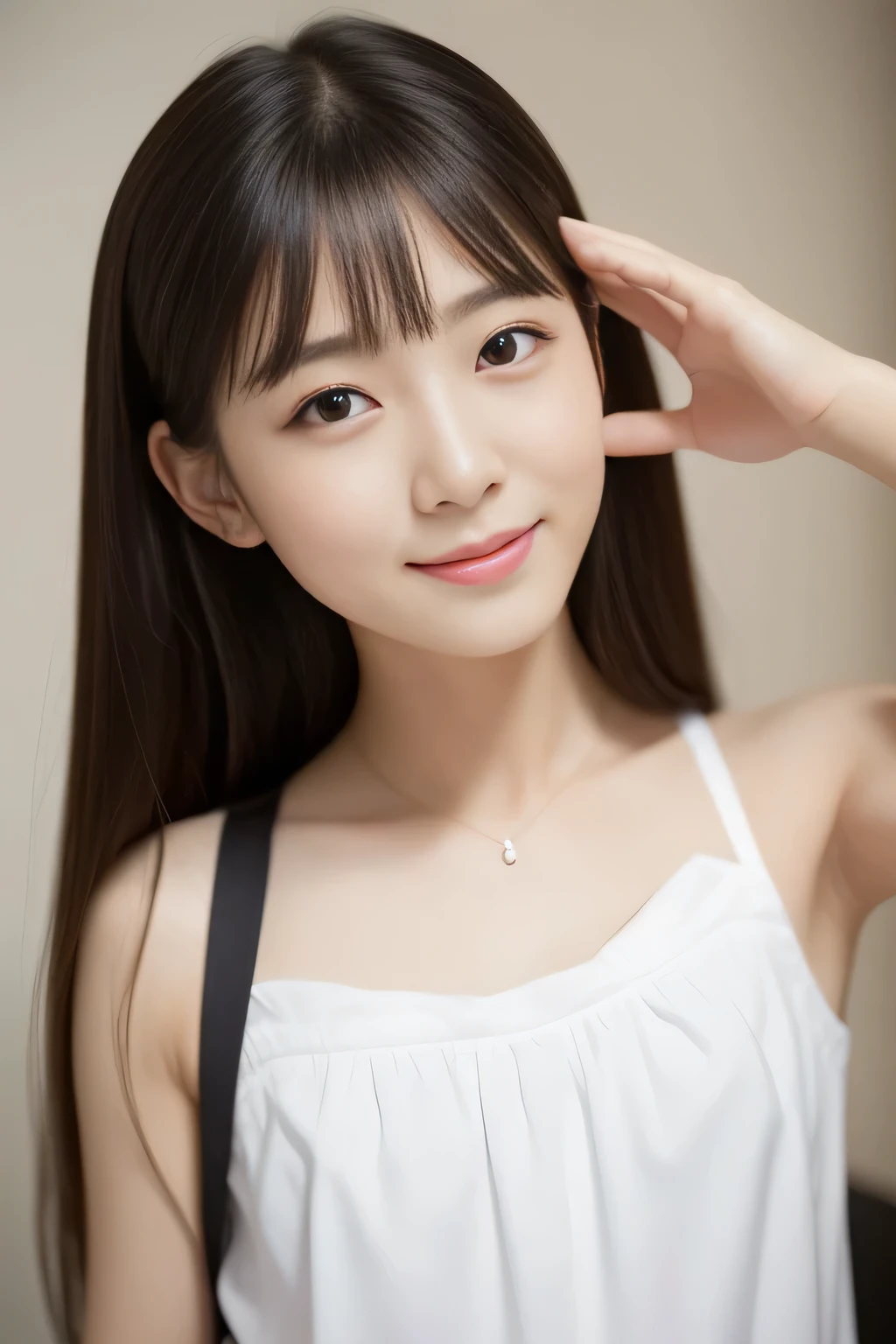 (ultra-detailliert、surrealistic: 1.3)、Dazzling smile、Cute smiling korean teen looking at camera、(detailed and bright eyes: 1.4)、(shoulder length brown straight hair、Long bangs、Beautiful teeth alignment: 1.5) 、（8K、Raw photo、Background blur：1.2）、（Super beautiful、Very young face、Ultra-realistic skin texture：1.4）、（long sleeves without pattern、a room：1.5）