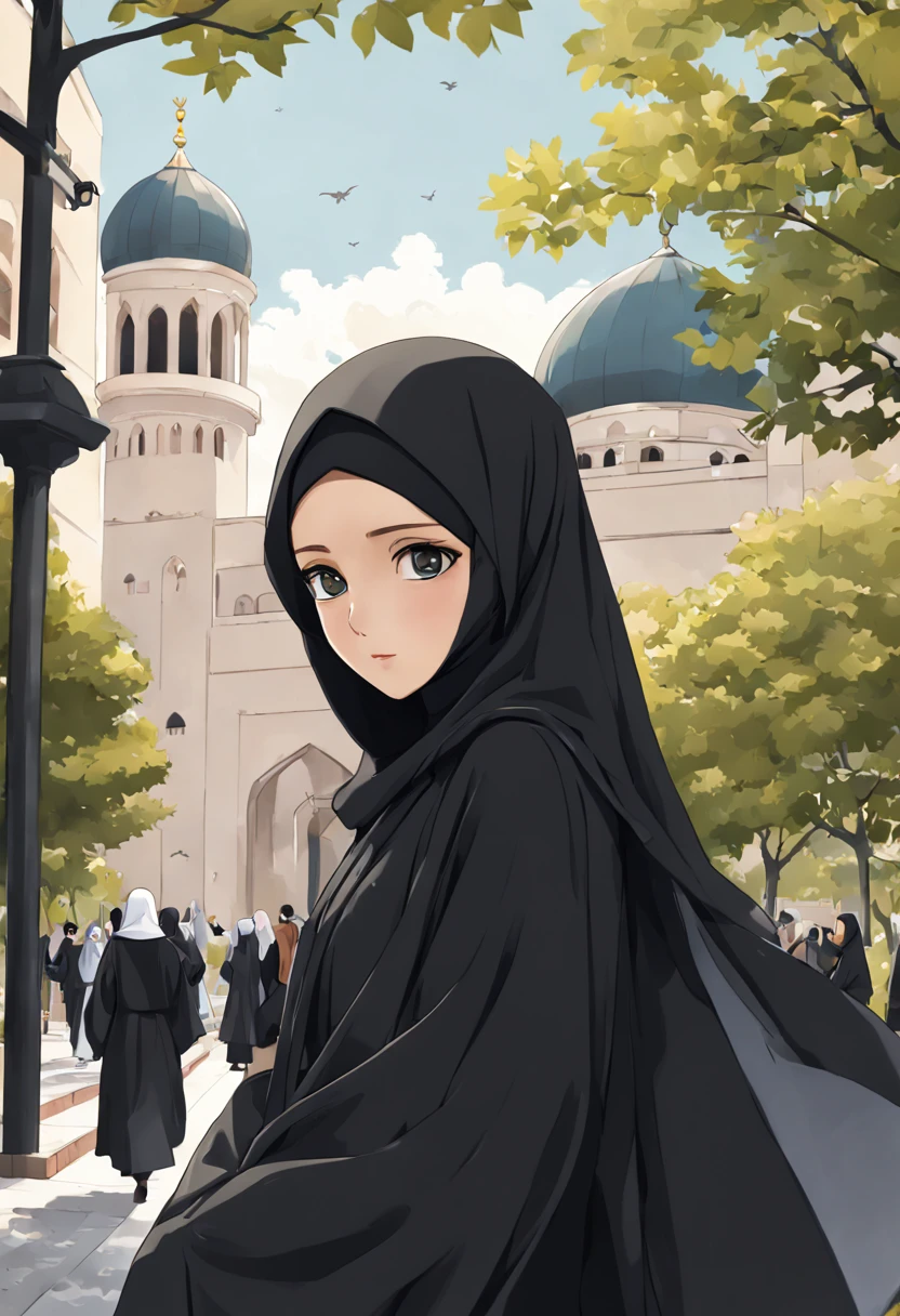 Illustrate a visually captivating anime-inspired illustration portraying the close-up of a 24-year-old woman's face, veiled in a black Abaya and Khimar Hijab. Surrounding her, a bustling university campus teems with students and scholars, symbolizing the pursuit of knowledge and enlightenment in Islamic tradition, while the woman's unadorned eyes sparkle with intelligence and curiosity.
